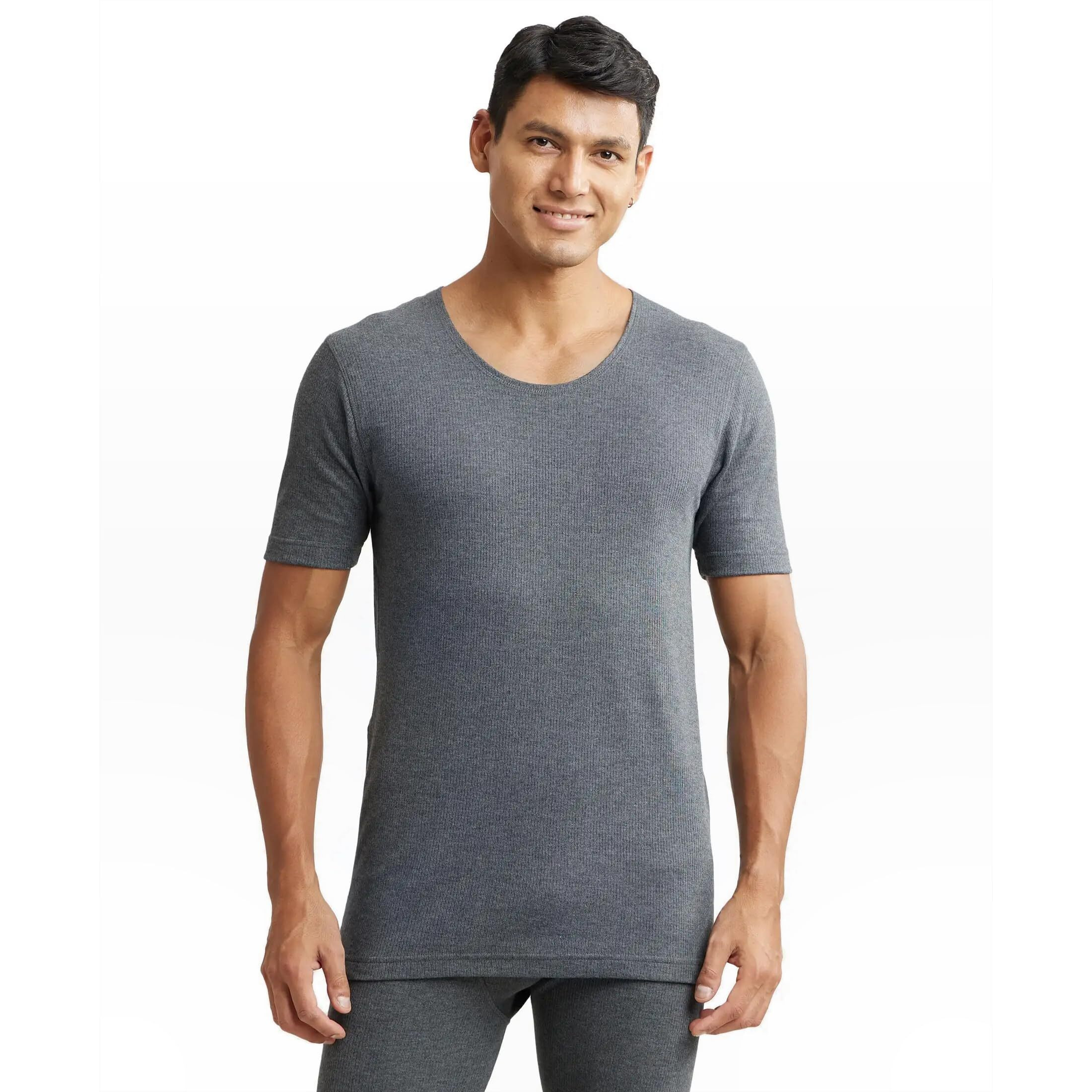 Jockey 2400 Men's Super Combed Cotton Rich Half Sleeved Thermal Undershirt with Stay Warm Technology_Charcoal Melange_S