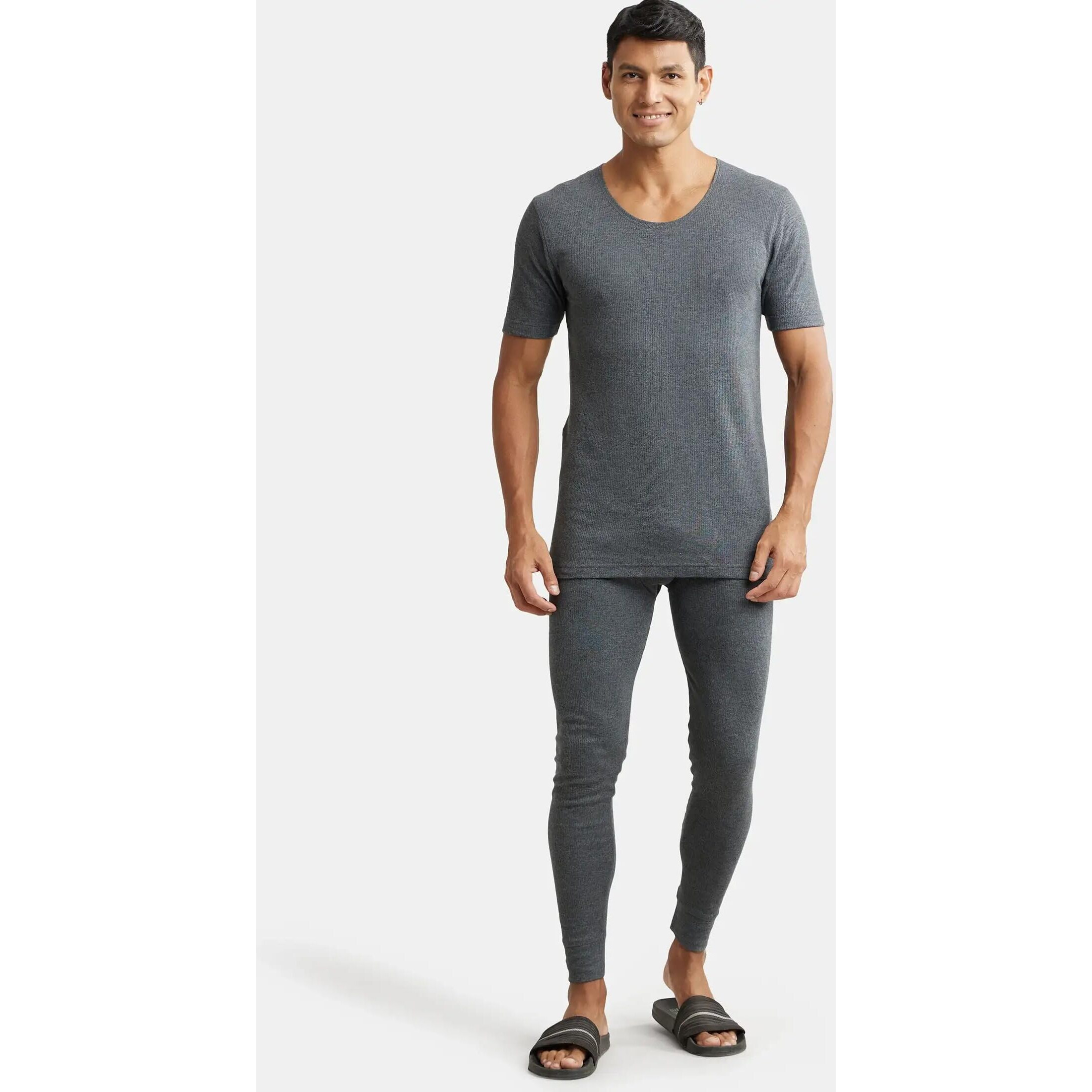 Jockey 2400 Men's Super Combed Cotton Rich Half Sleeved Thermal Undershirt with Stay Warm Technology_Charcoal Melange_S