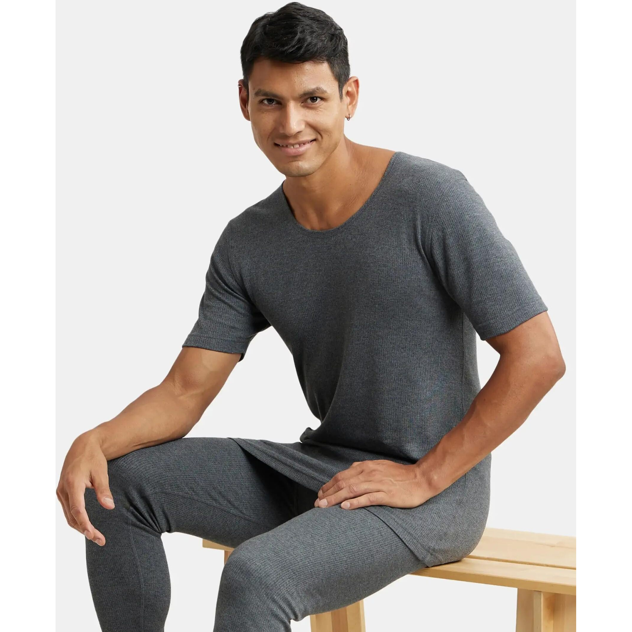 Jockey 2400 Men's Super Combed Cotton Rich Half Sleeved Thermal Undershirt with Stay Warm Technology_Charcoal Melange_S