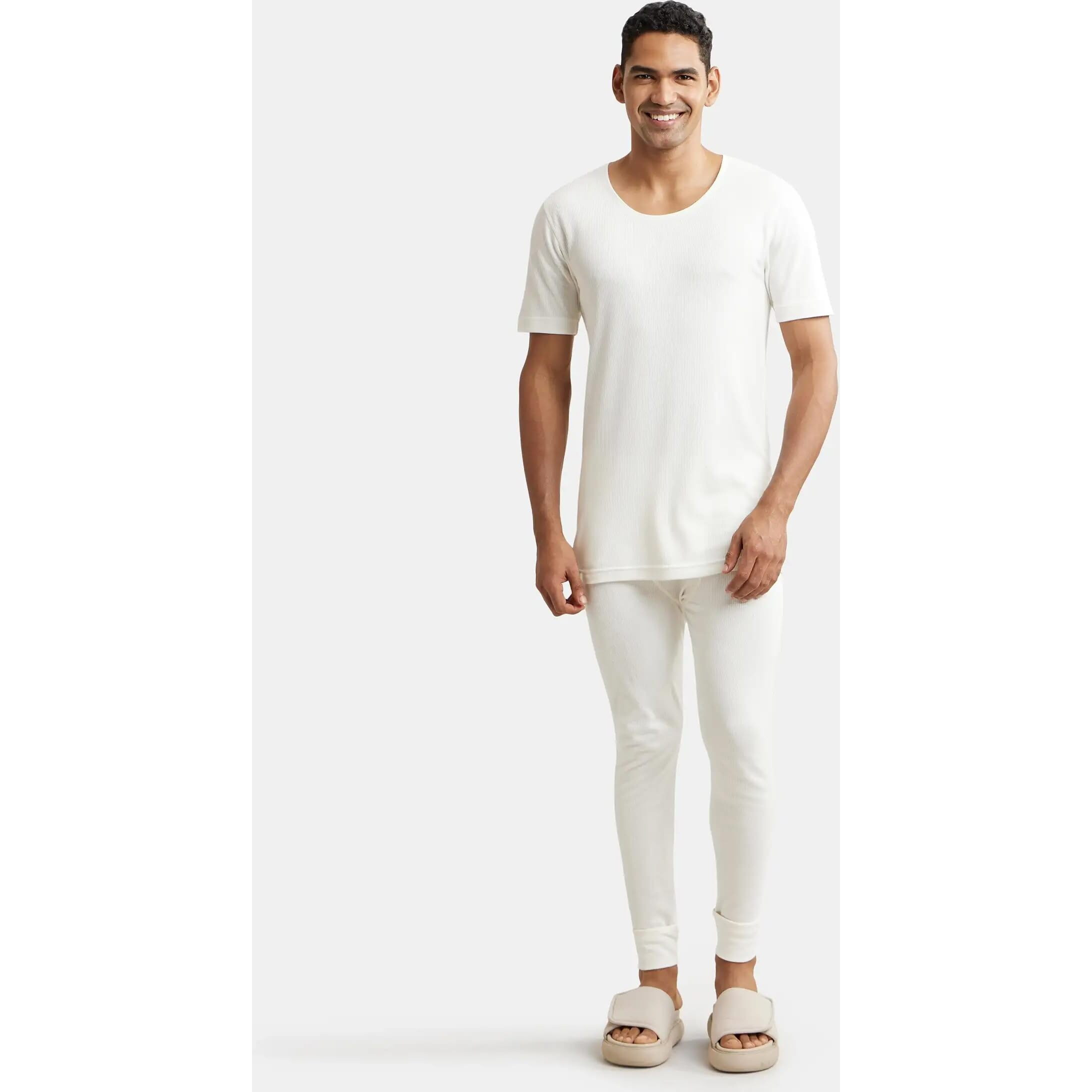 Jockey 2400 Men's Super Combed Cotton Rich Half Sleeved Thermal Undershirt with Stay Warm Technology_Off White_M