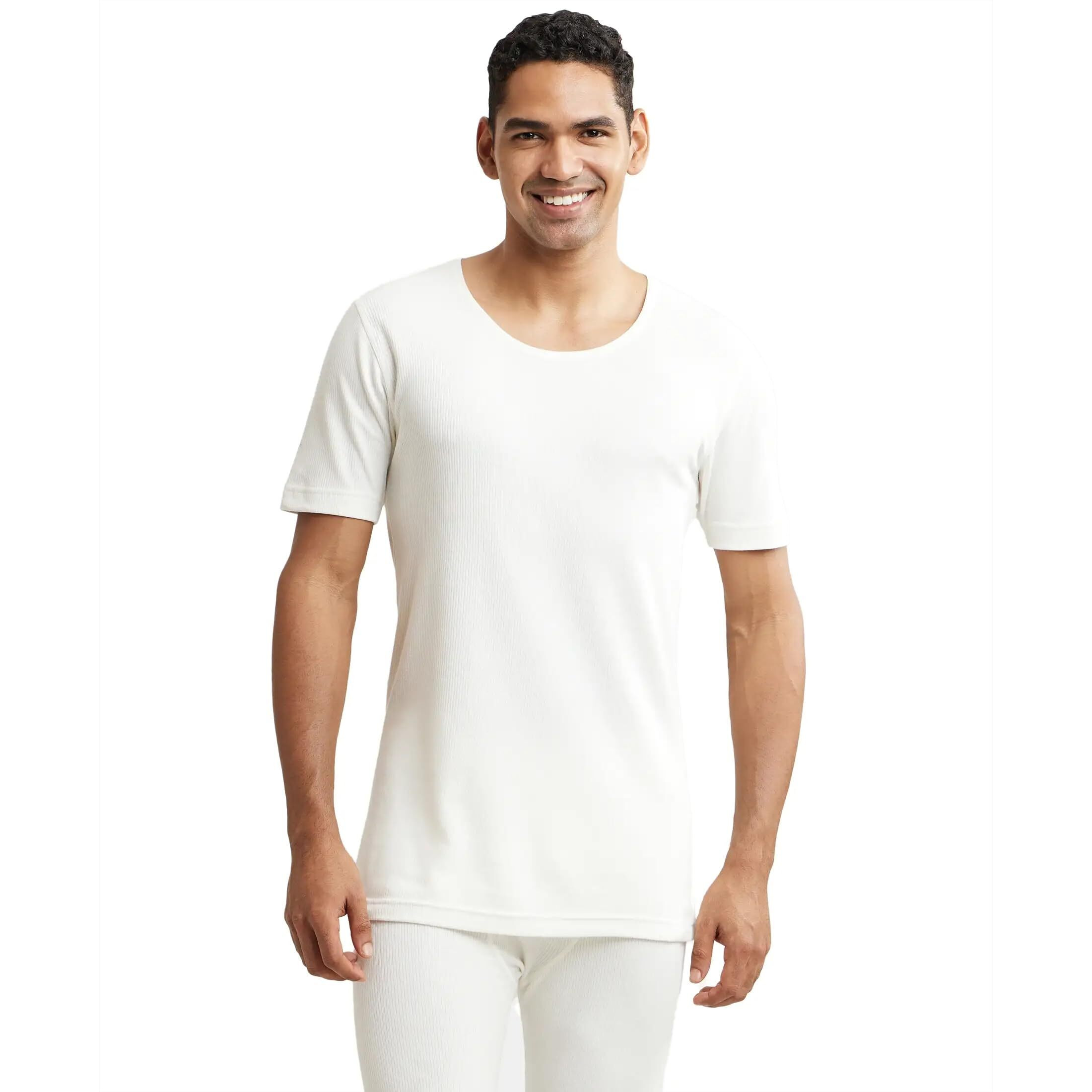 Jockey 2400 Men's Super Combed Cotton Rich Half Sleeved Thermal Undershirt with Stay Warm Technology_Off White_L