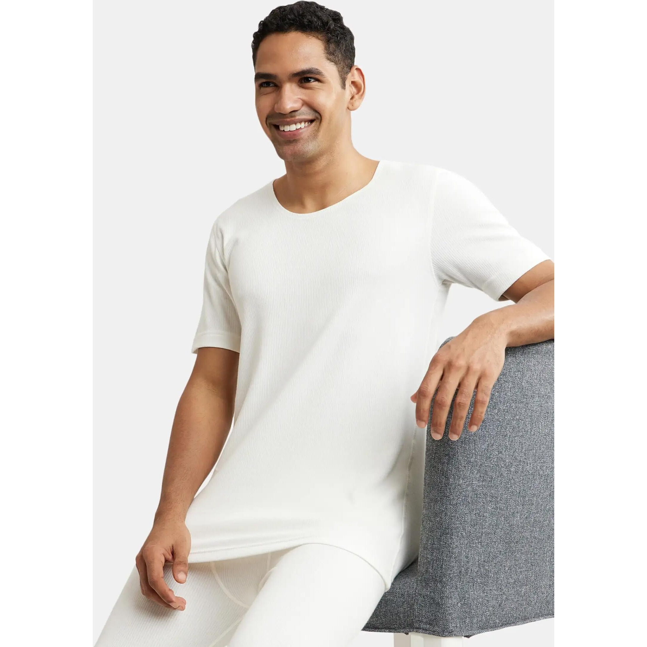 Jockey 2400 Men's Super Combed Cotton Rich Half Sleeved Thermal Undershirt with Stay Warm Technology_Off White_L