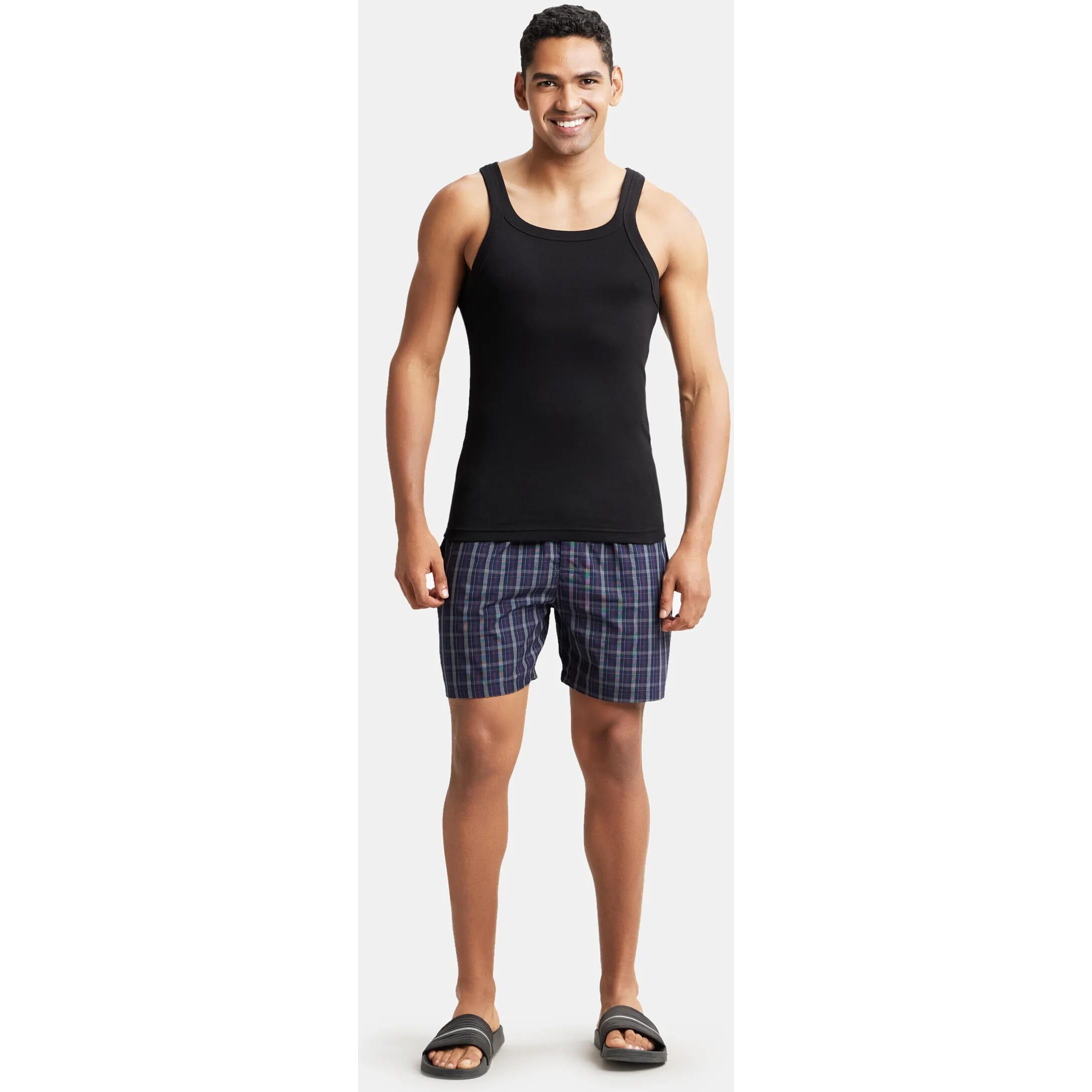 Jockey 1222 Men's Super Combed Mercerized Cotton Woven Checkered Boxer Shorts with Back Pocket (Pack of 2_Colors & Prints May Vary)_Dark Assorted_L