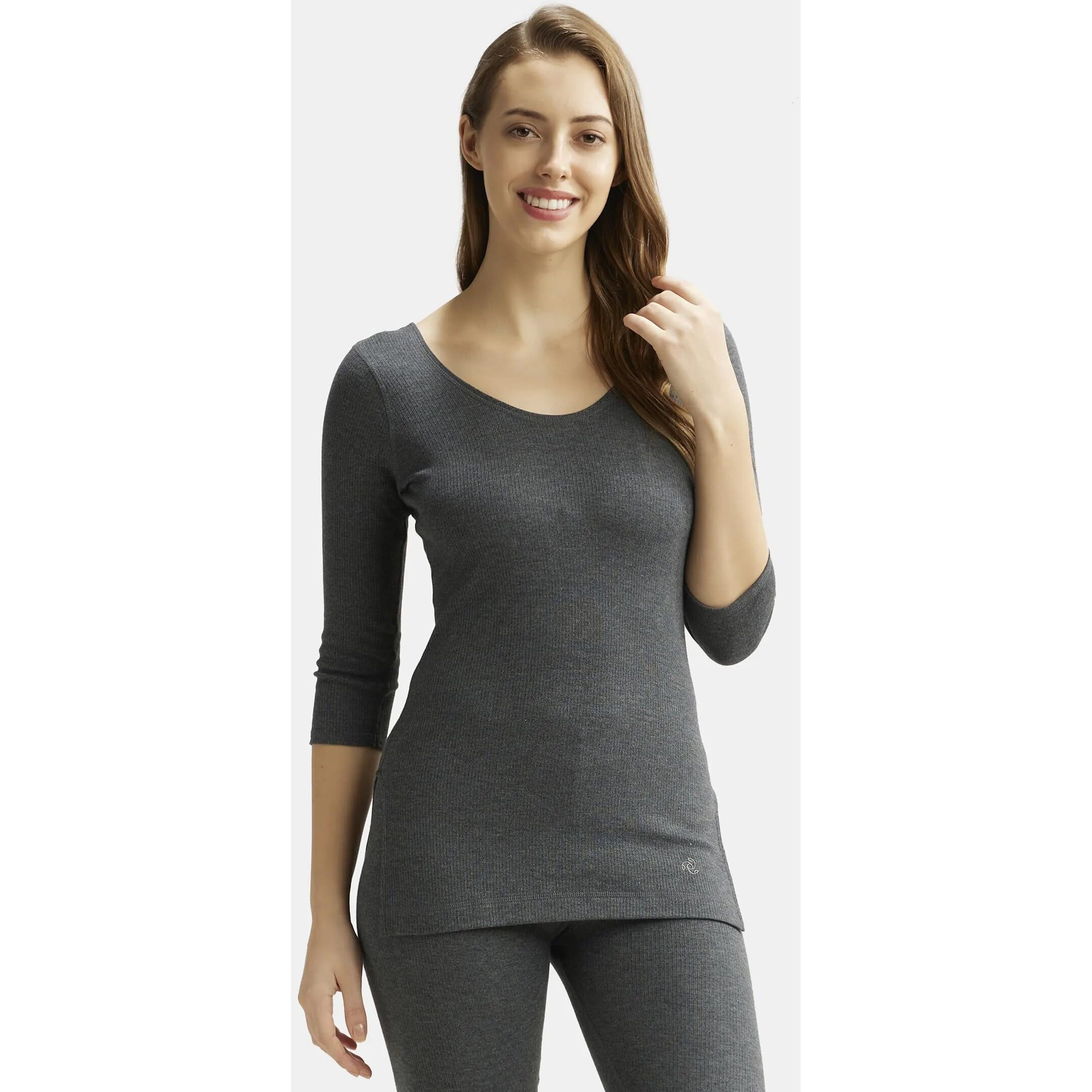 Jockey Snug Fit Low-Neck Thermal 3 Quarter Sleeved Top for Women 2503_Charcoal Melange_S