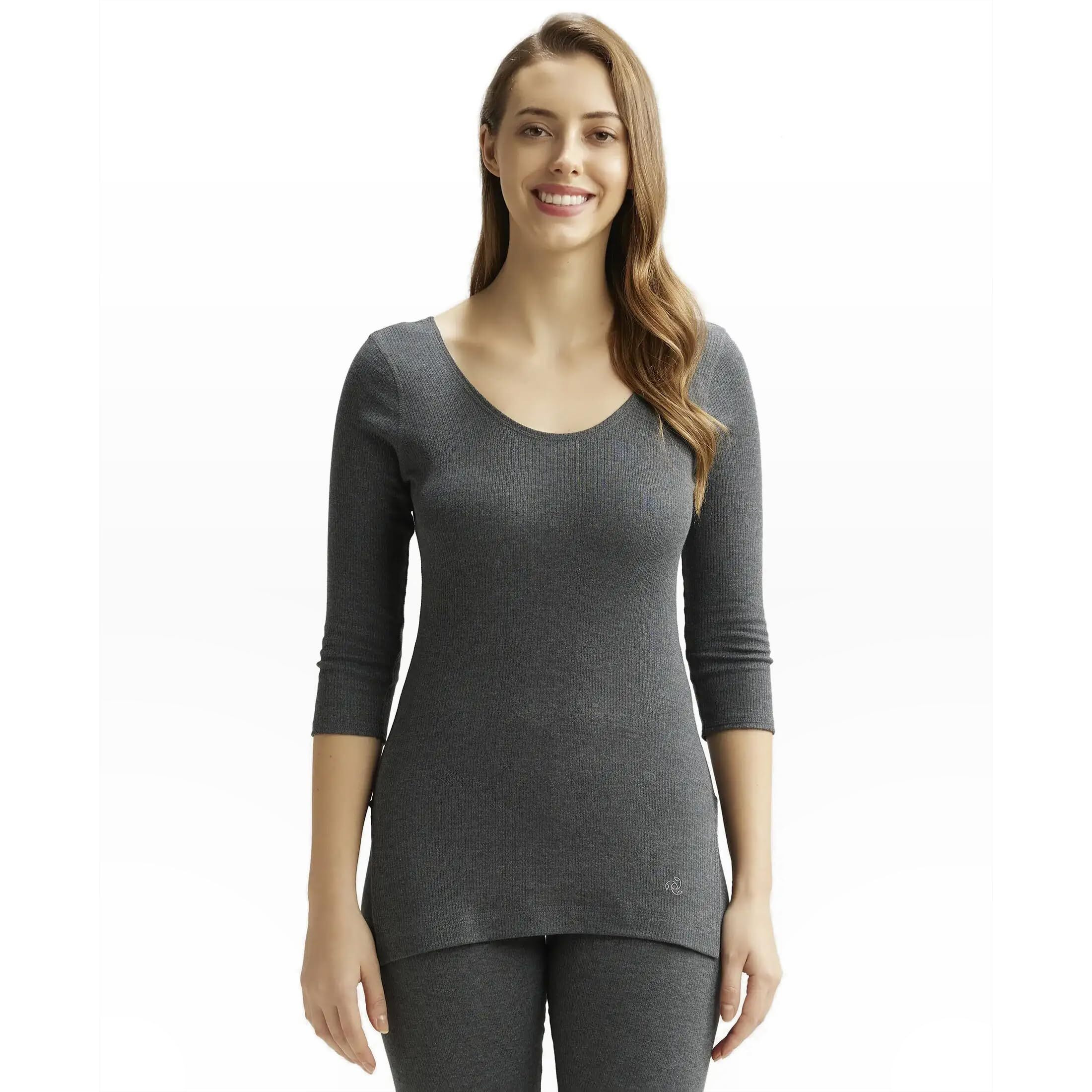 Jockey Snug Fit Low-Neck Thermal 3 Quarter Sleeved Top for Women 2503_Charcoal Melange_M