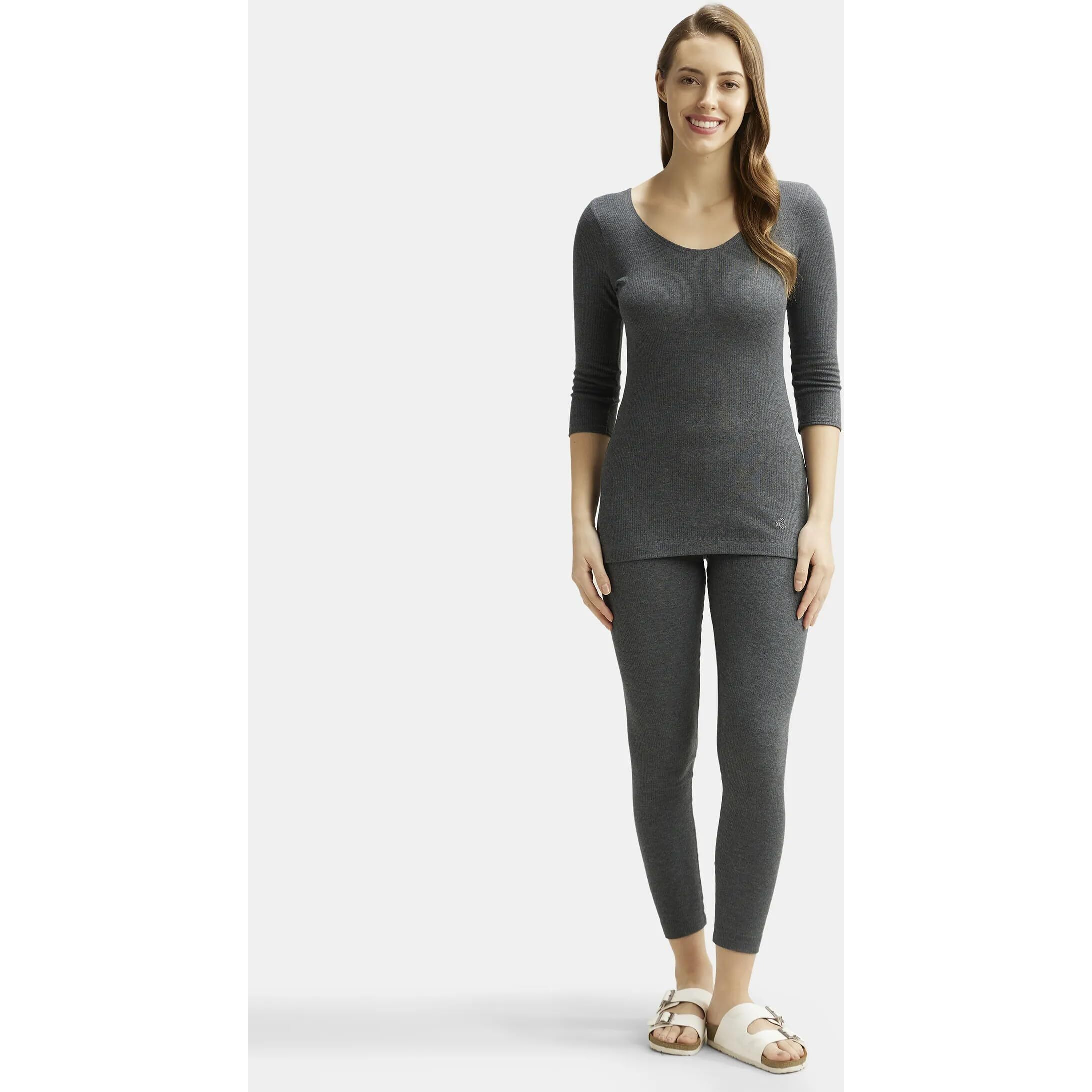 Jockey Snug Fit Low-Neck Thermal 3 Quarter Sleeved Top for Women 2503_Charcoal Melange_M