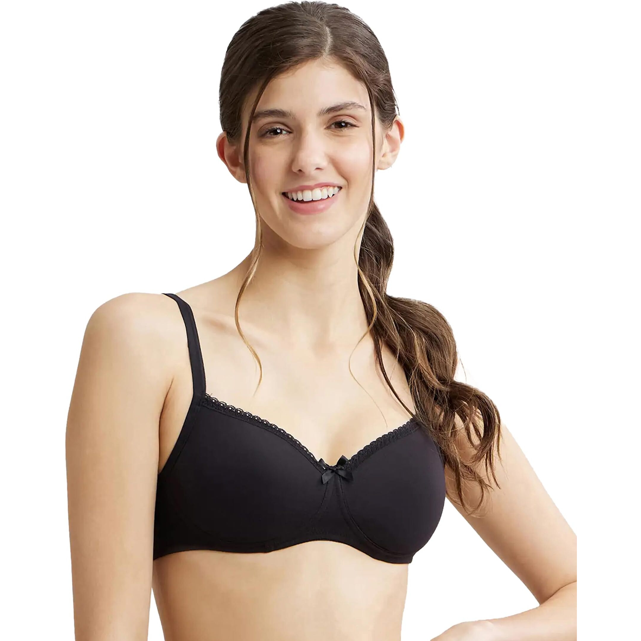 Jockey 1723 Women's Wirefree Padded Super Combed Cotton Elastane Stretch Medium Coverage Lace Styling T-Shirt Bra with Adjustable Straps_Black_32B