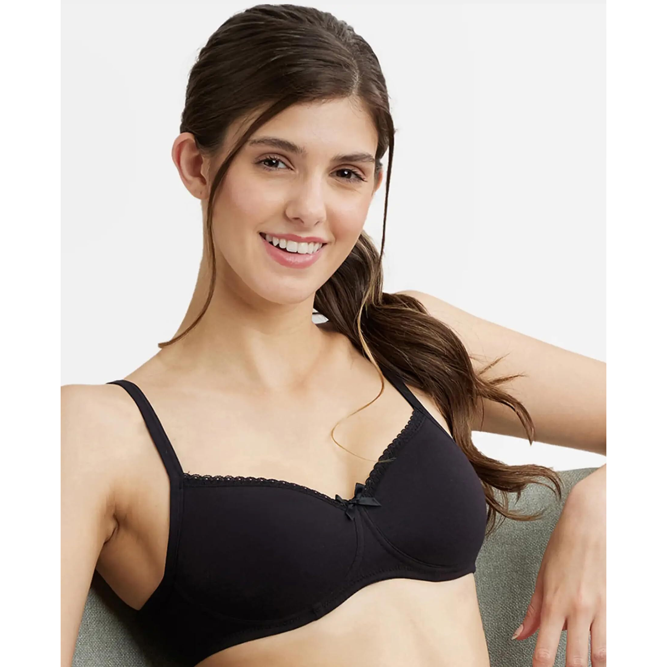 Jockey 1723 Women's Wirefree Padded Super Combed Cotton Elastane Stretch Medium Coverage Lace Styling T-Shirt Bra with Adjustable Straps_Black_32B