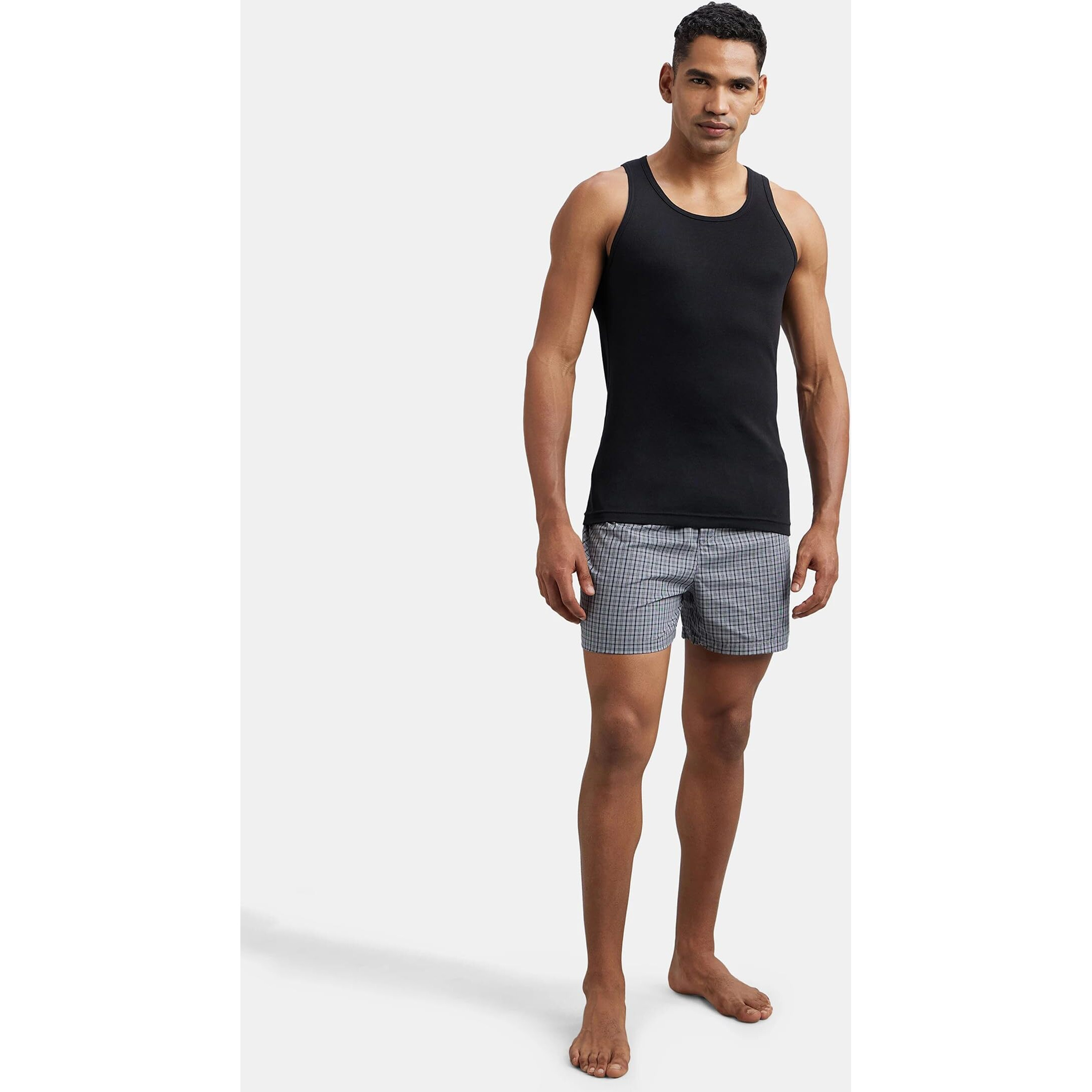 Jockey FP04 Men's Super Combed Cotton Rib Round Neck Sleeveless Vest with Extended Length for Easy Tuck_Black & Neon Blue_S