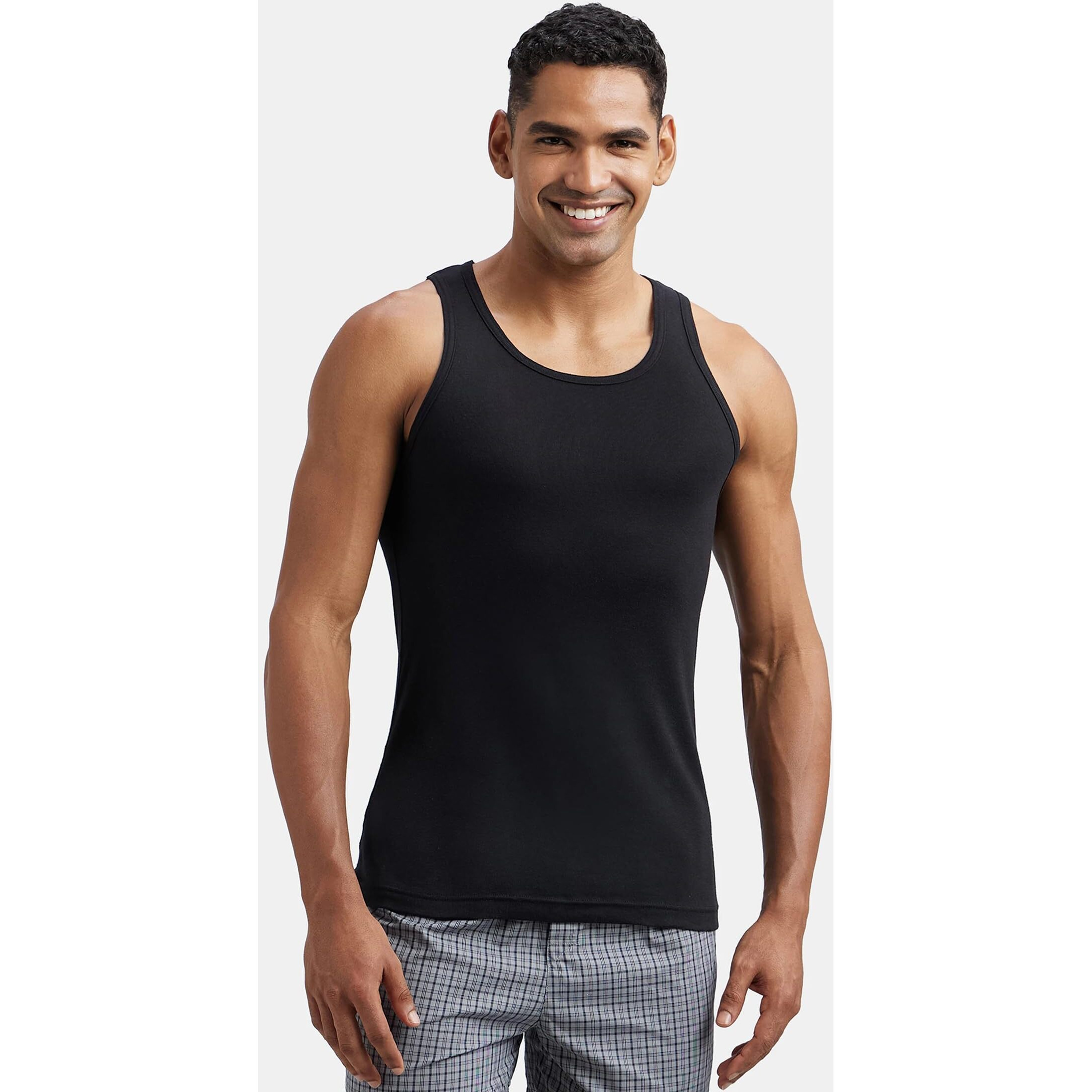 Jockey FP04 Men's Super Combed Cotton Rib Round Neck Sleeveless Vest with Extended Length for Easy Tuck_Black & Neon Blue_M