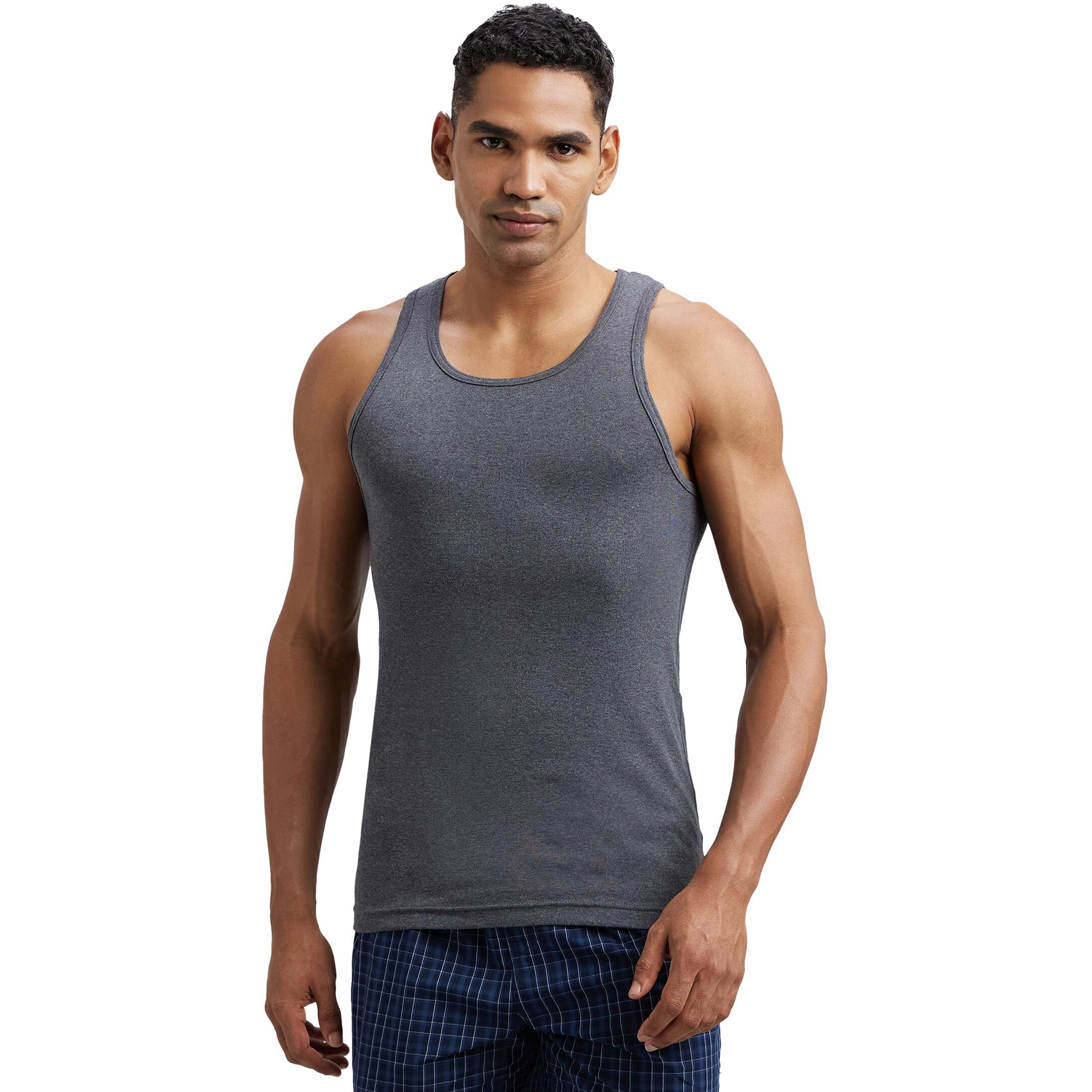Jockey FP04 Men's Super Combed Cotton Rib Round Neck Sleeveless Vest with Extended Length for Easy Tuck_Charcoal Melange & Neon Orange_M