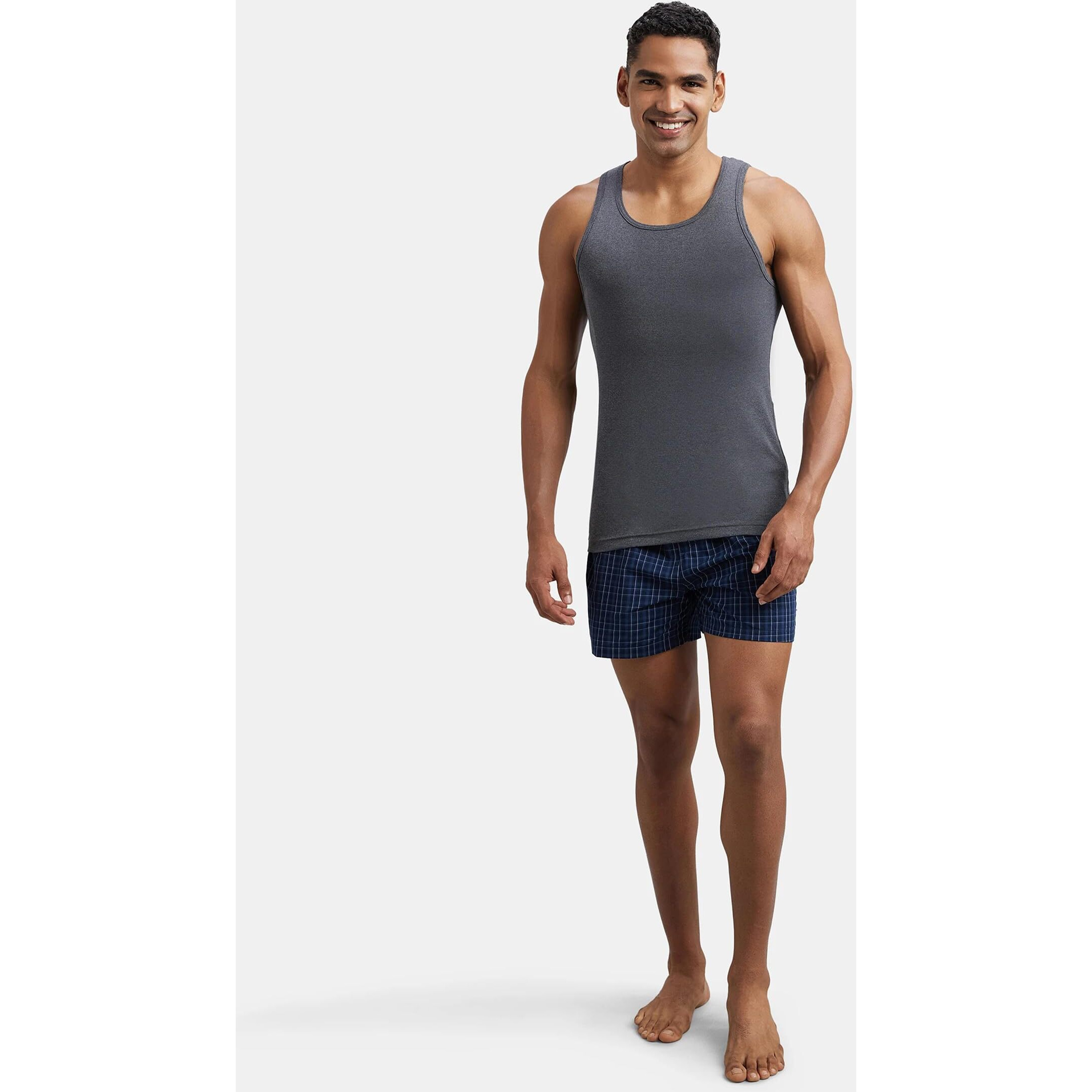 Jockey FP04 Men's Super Combed Cotton Rib Round Neck Sleeveless Vest with Extended Length for Easy Tuck_Charcoal Melange & Neon Orange_M