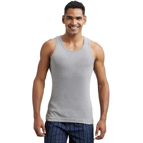 Jockey FP04 Men's Super Combed Cotton Rib Round Neck Sleeveless Vest with Extended Length for Easy Tuck_Grey Melange & Teal Green_M