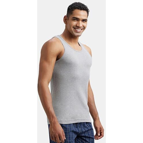 Jockey FP04 Men's Super Combed Cotton Rib Round Neck Sleeveless Vest with Extended Length for Easy Tuck_Grey Melange & Teal Green_M