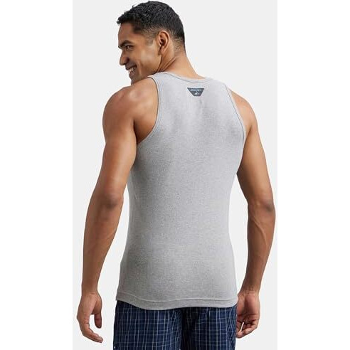 Jockey FP04 Men's Super Combed Cotton Rib Round Neck Sleeveless Vest with Extended Length for Easy Tuck_Grey Melange & Teal Green_M