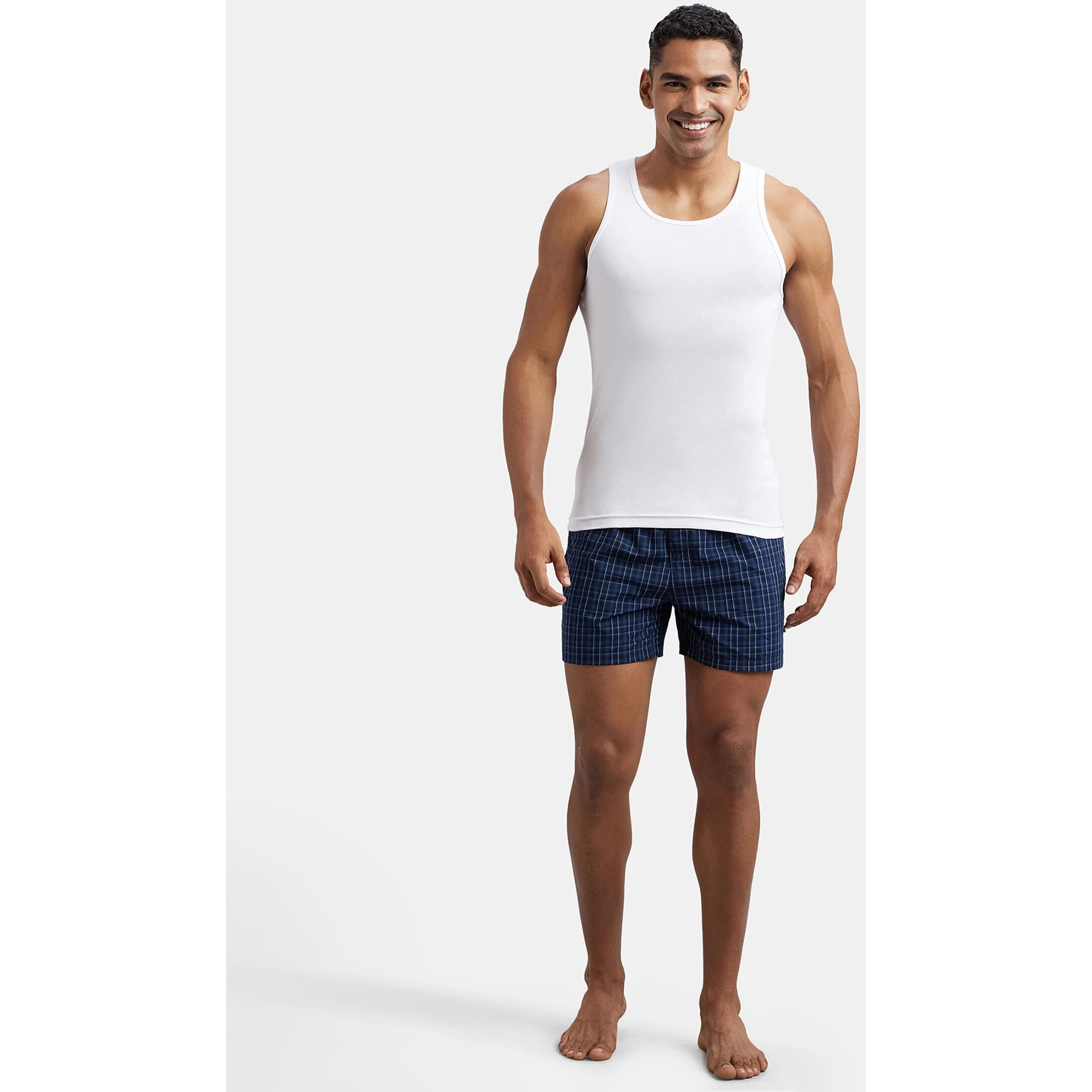 Jockey FP04 Men's Super Combed Cotton Rib Round Neck Sleeveless Vest with Extended Length for Easy Tuck_White & Neon Blue_M