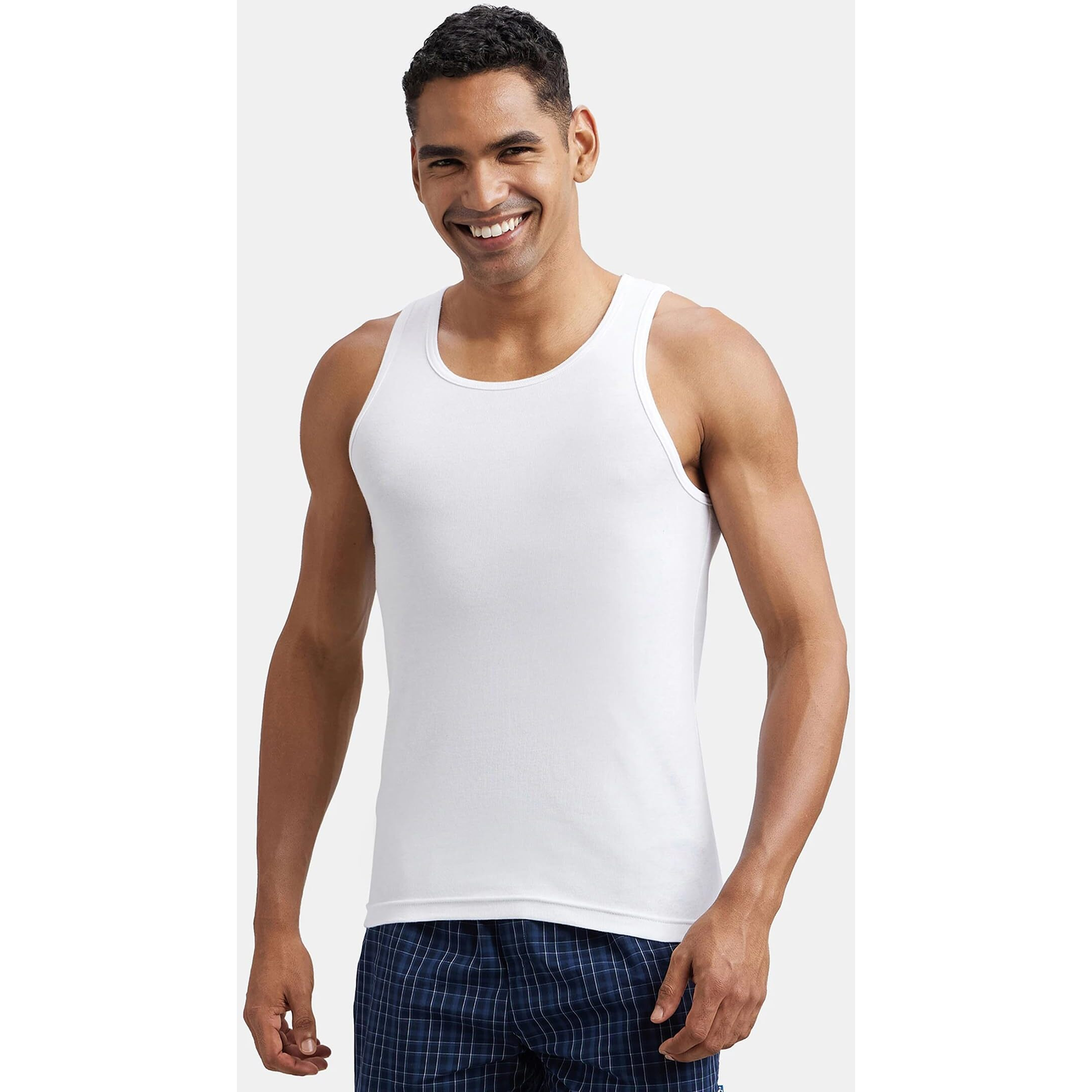 Jockey FP04 Men's Super Combed Cotton Rib Round Neck Sleeveless Vest with Extended Length for Easy Tuck_White & Neon Blue_M