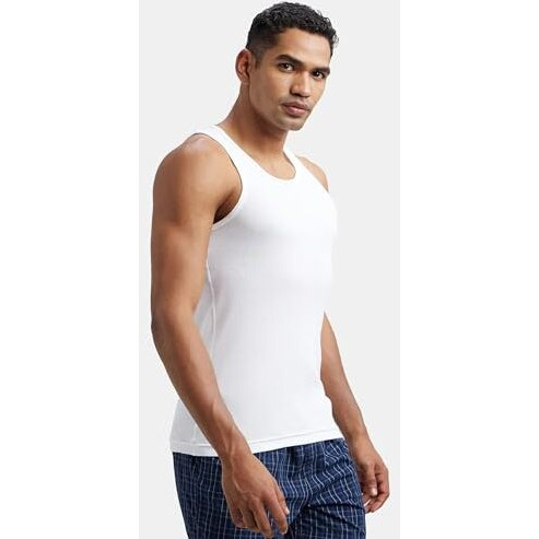 Jockey FP04 Men's Super Combed Cotton Rib Round Neck Sleeveless Vest with Extended Length for Easy Tuck_White & Neon Blue_L