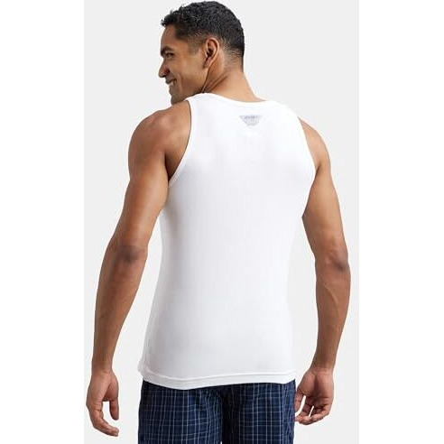 Jockey FP04 Men's Super Combed Cotton Rib Round Neck Sleeveless Vest with Extended Length for Easy Tuck_White & Neon Blue_L