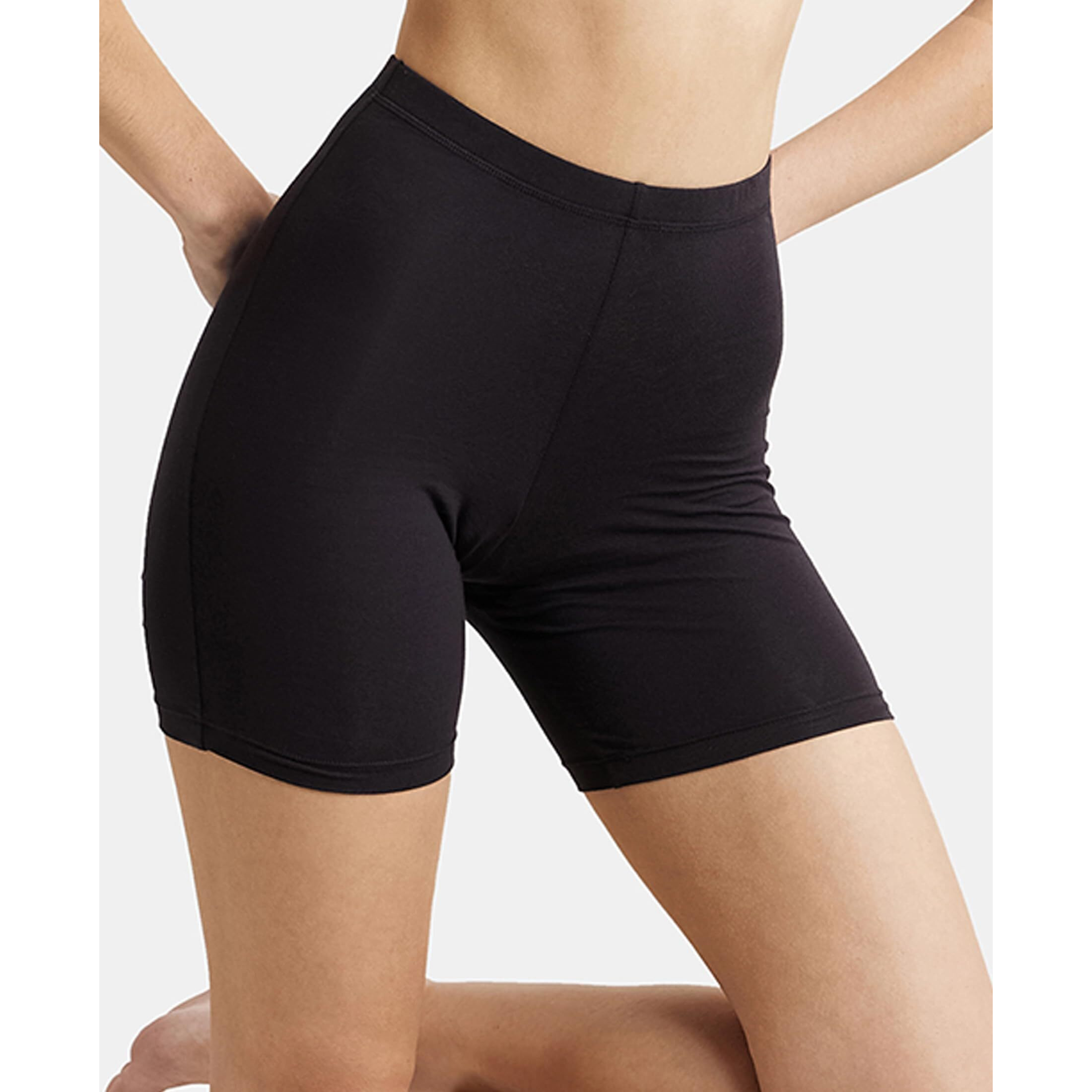 Jockey 1529 Women's High Coverage Super Combed Cotton Elastane Stretch Mid Waist Shorties with Concealed Waistband_Black_M