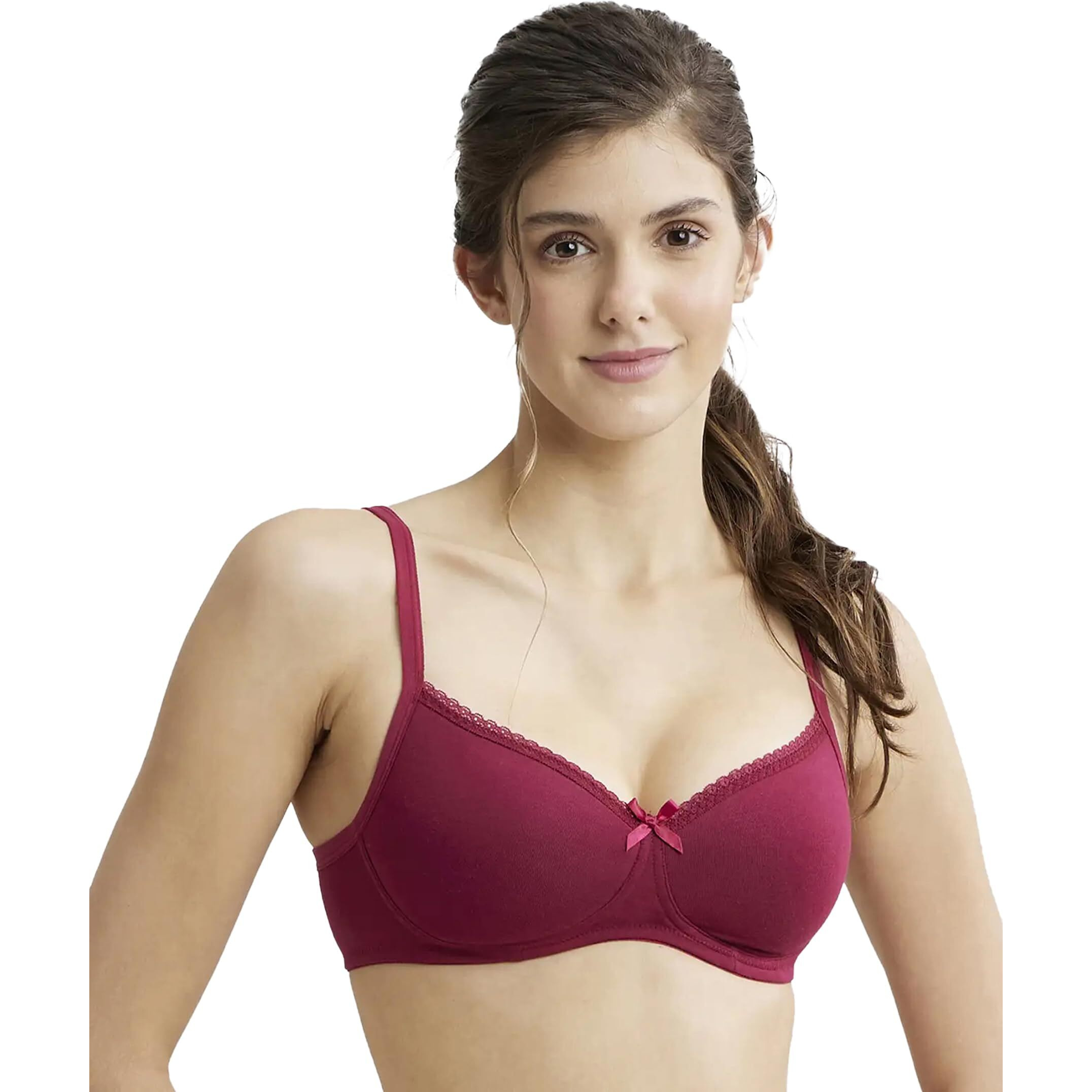Jockey 1723 Women's Wirefree Padded Super Combed Cotton Elastane Stretch Medium Coverage Lace Styling T-Shirt Bra with Adjustable Straps_Beet Red_34B