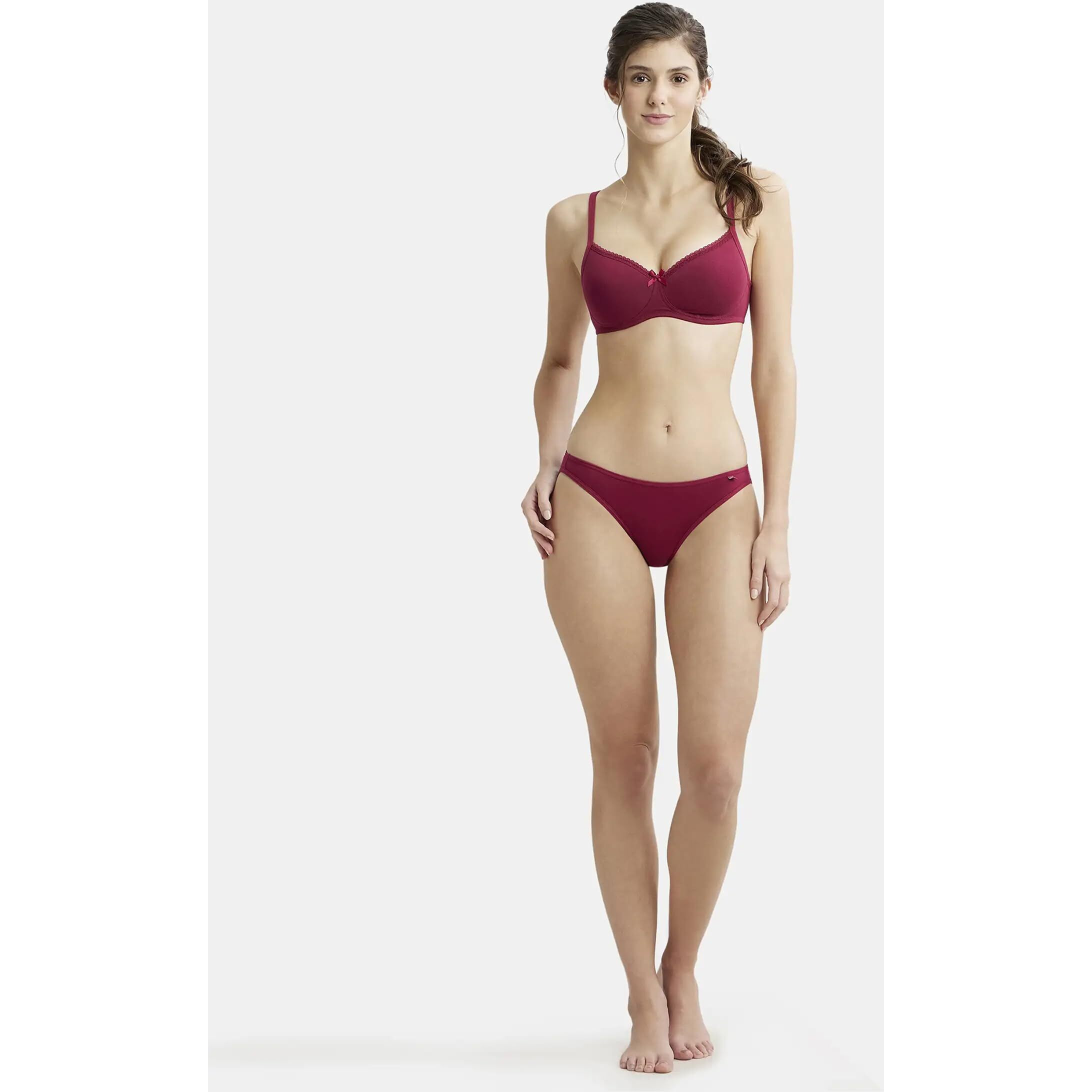Jockey 1723 Women's Wirefree Padded Super Combed Cotton Elastane Stretch Medium Coverage Lace Styling T-Shirt Bra with Adjustable Straps_Beet Red_34B