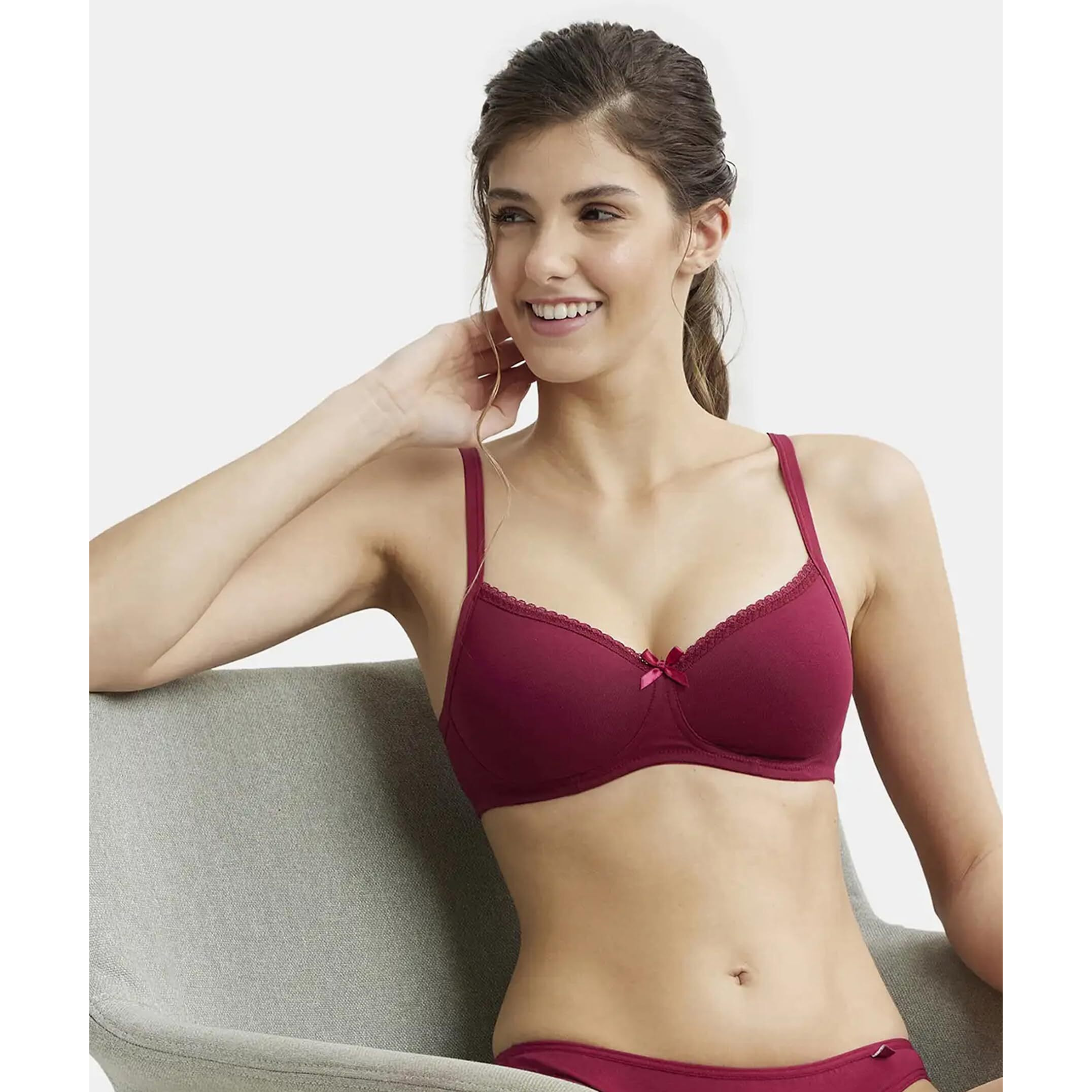 Jockey 1723 Women's Wirefree Padded Super Combed Cotton Elastane Stretch Medium Coverage Lace Styling T-Shirt Bra with Adjustable Straps_Beet Red_34B