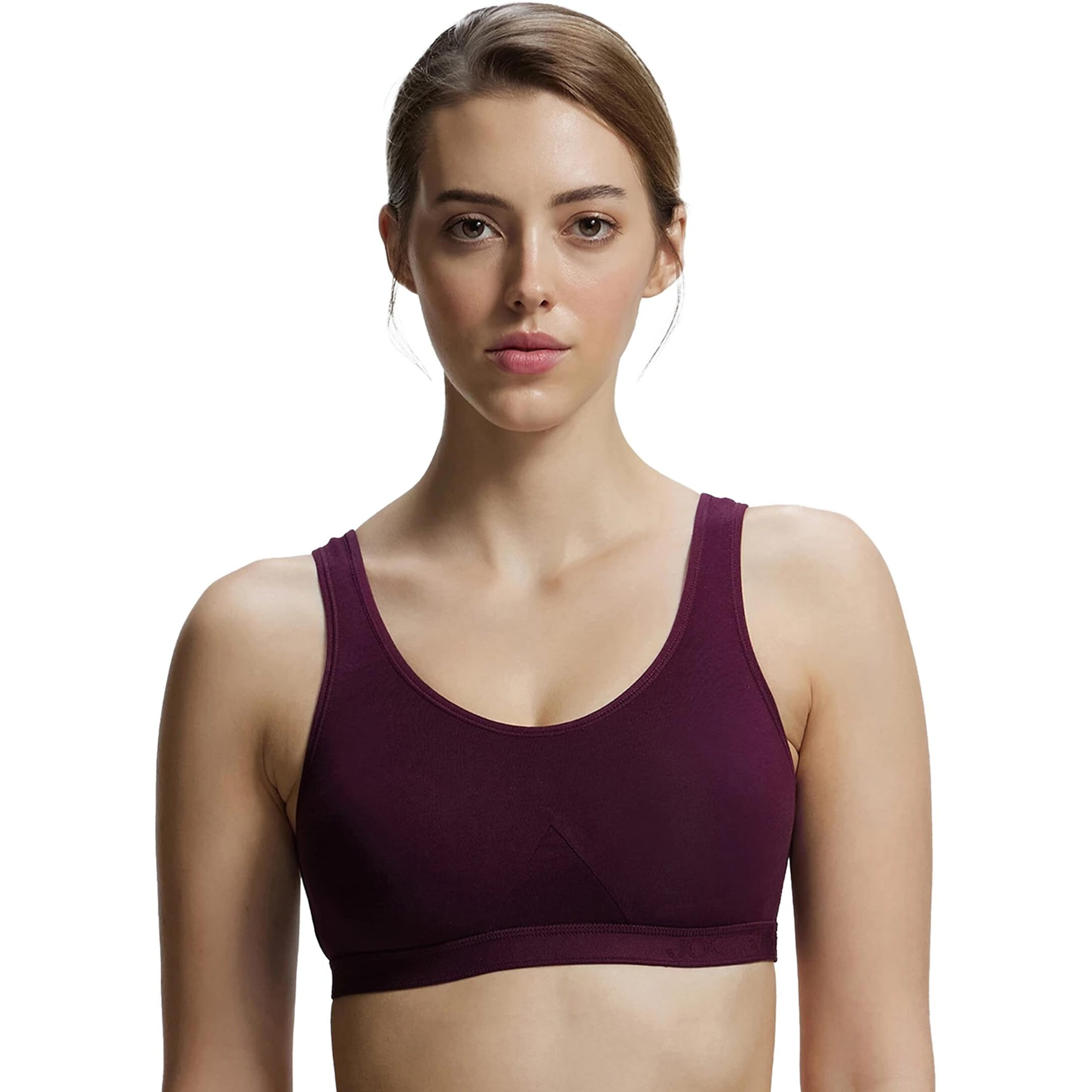 Jockey 1376 Women's Wirefree Non Padded Super Combed Cotton Elastane Stretch Full Coverage Slip-On Active Bra with Wider Straps and Moisture Move Treatment_Wine Tasting_M