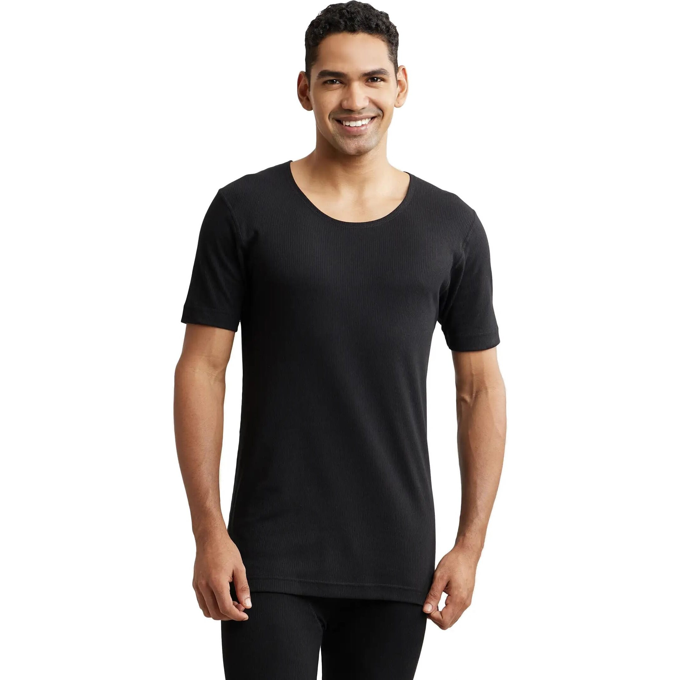 Jockey 2400 Men's Super Combed Cotton Rich Half Sleeved Thermal Undershirt with Stay Warm Technology_Black_M