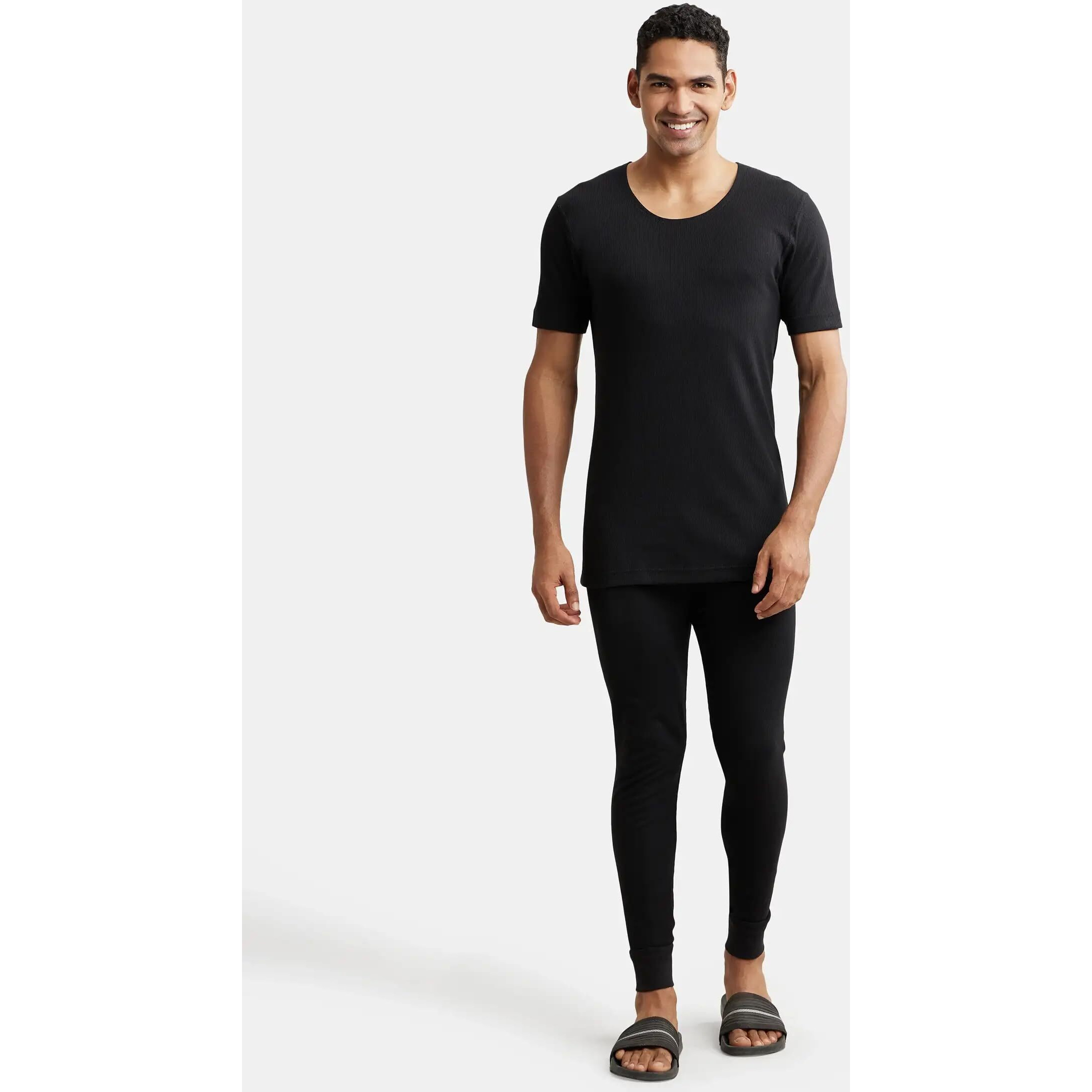 Jockey 2400 Men's Super Combed Cotton Rich Half Sleeved Thermal Undershirt with Stay Warm Technology_Black_M