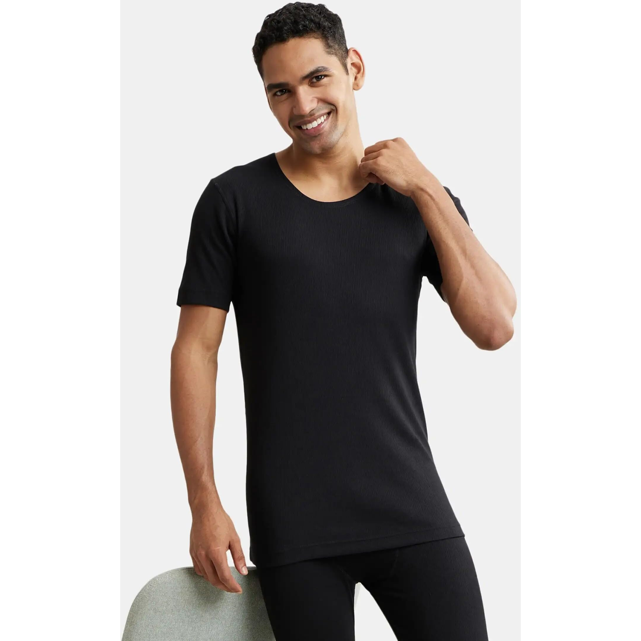 Jockey 2400 Men's Super Combed Cotton Rich Half Sleeved Thermal Undershirt with Stay Warm Technology_Black_M