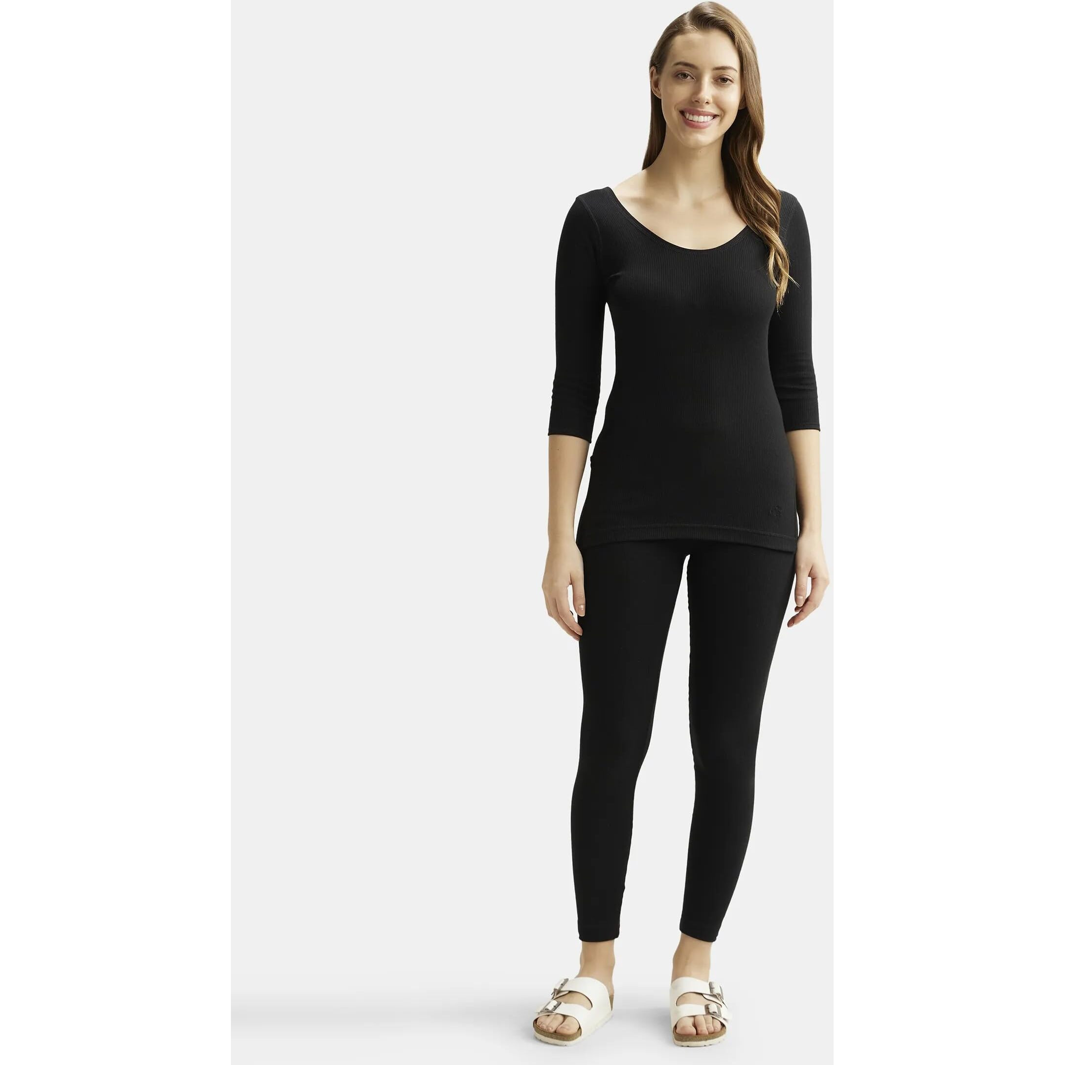 Jockey Snug Fit Low-Neck Thermal 3 Quarter Sleeved Top for Women 2503_Black_M