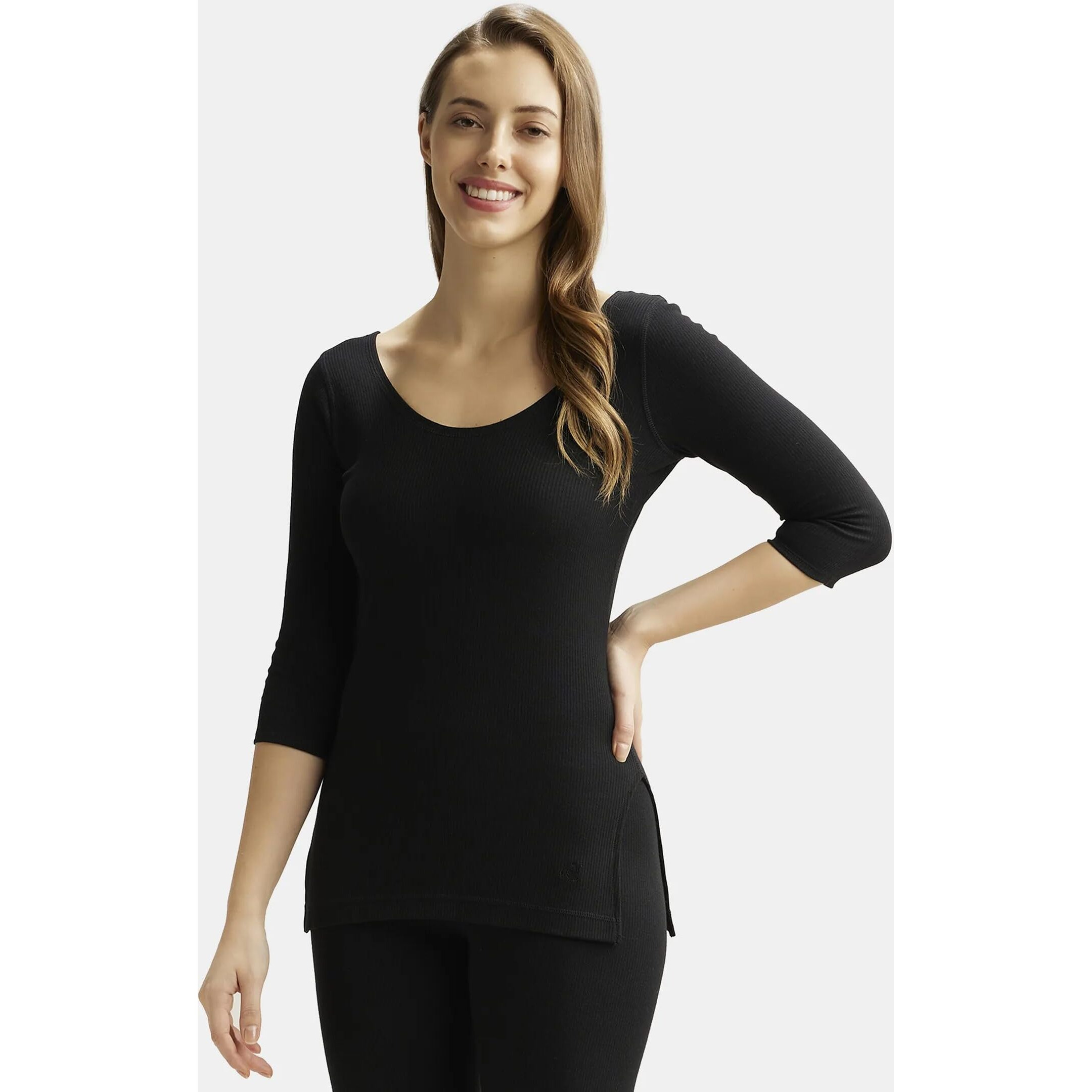 Jockey Snug Fit Low-Neck Thermal 3 Quarter Sleeved Top for Women 2503_Black_M