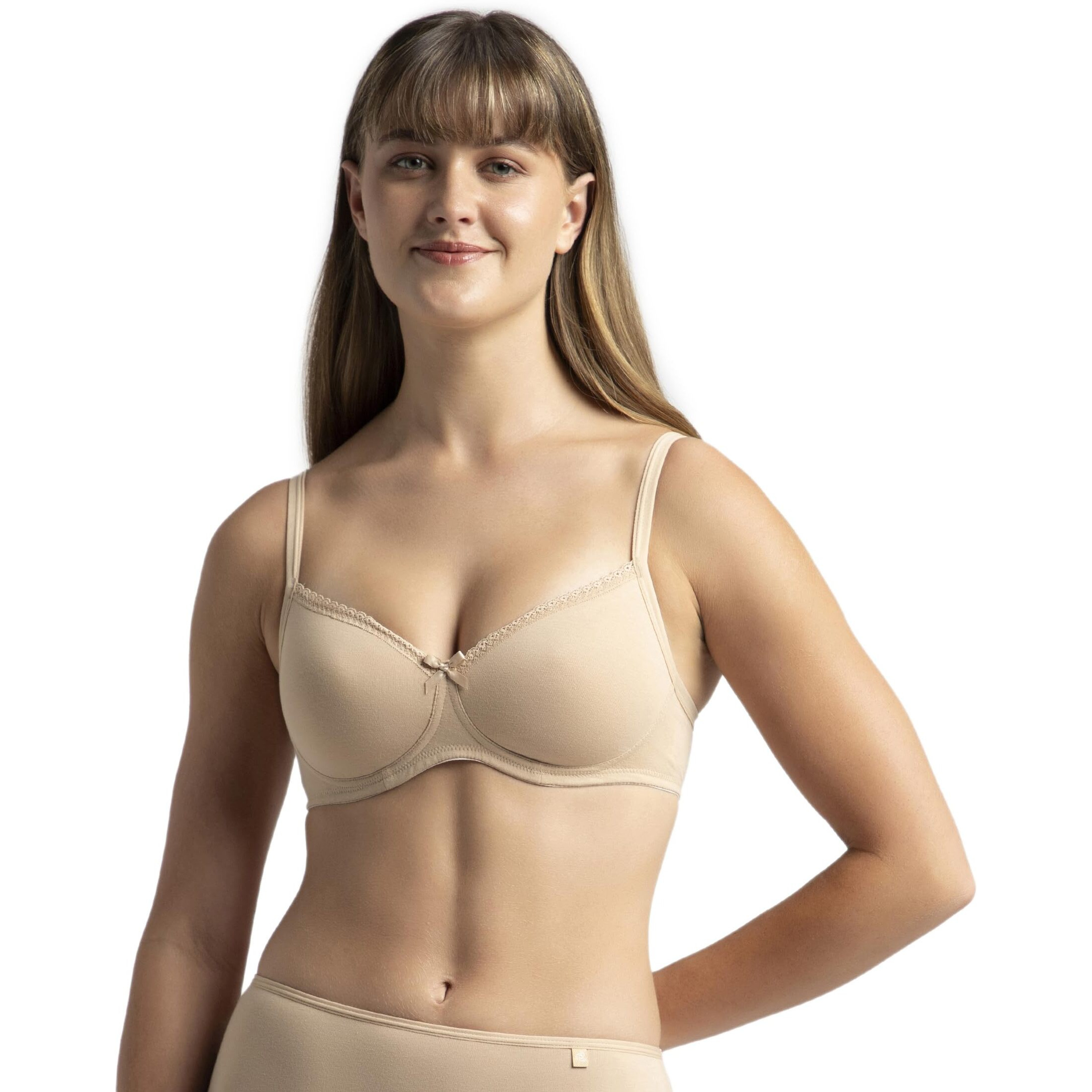 Jockey 1723 Women's Wirefree Padded Super Combed Cotton Elastane Stretch Medium Coverage Lace Styling T-Shirt Bra with Adjustable Straps_Light Skin_34B