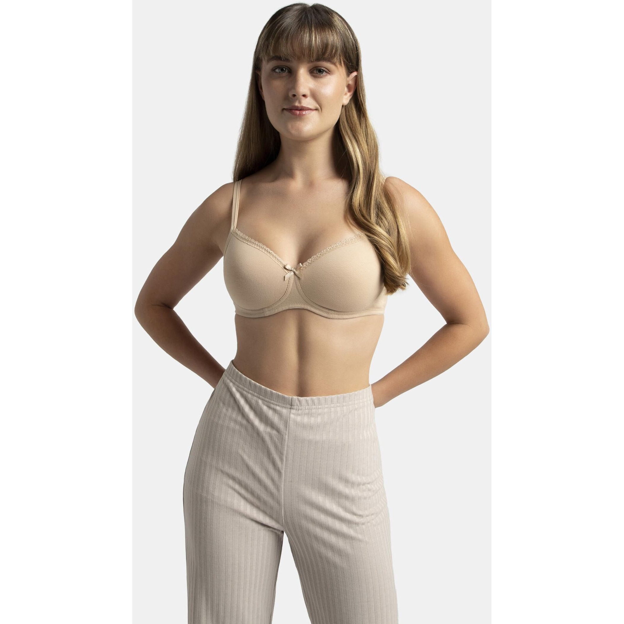 Jockey 1723 Women's Wirefree Padded Super Combed Cotton Elastane Stretch Medium Coverage Lace Styling T-Shirt Bra with Adjustable Straps_Light Skin_34B