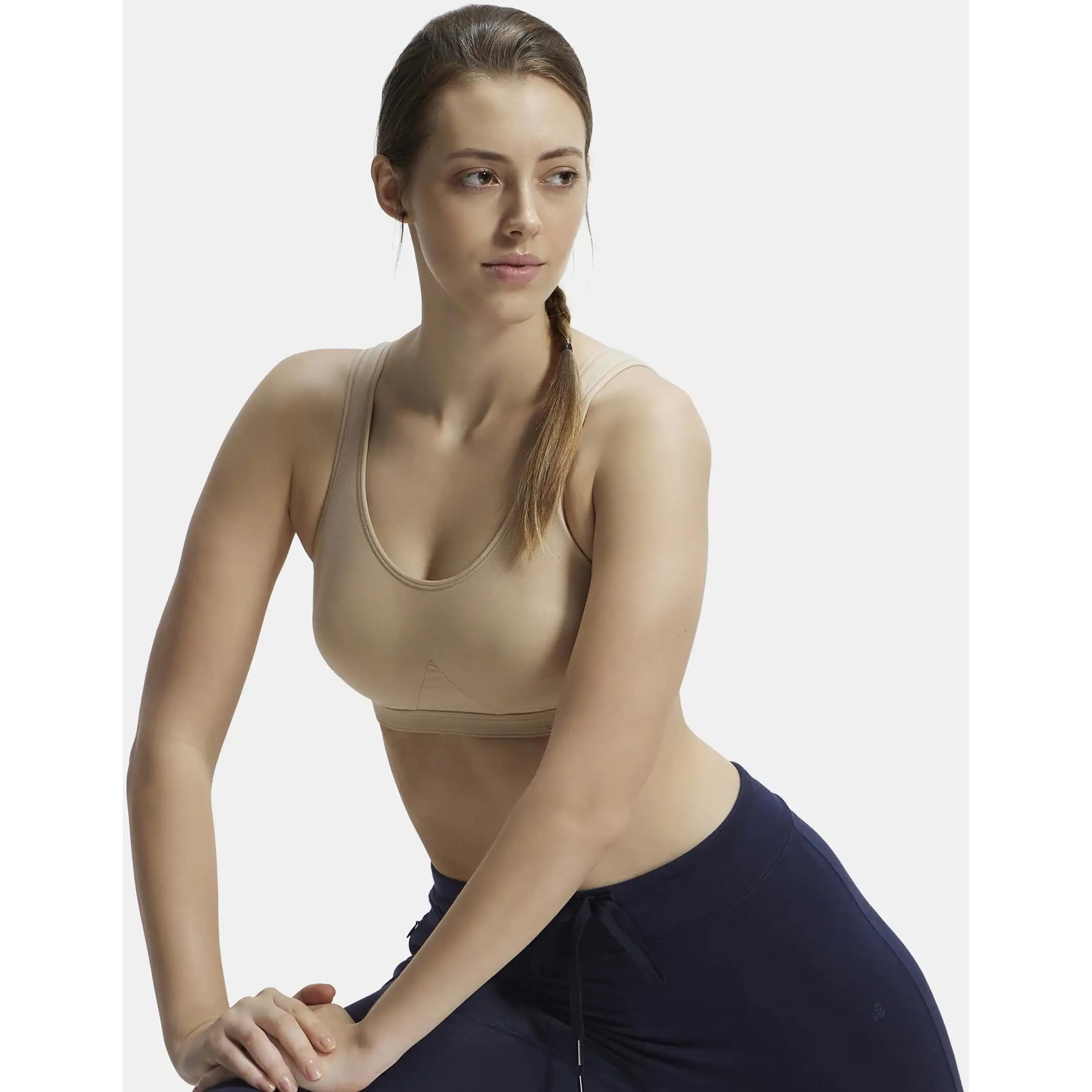 Jockey 1376 Women's Wirefree Non Padded Super Combed Cotton Elastane Stretch Full Coverage Slip-On Active Bra with Wider Straps and Moisture Move Treatment_Skin_M