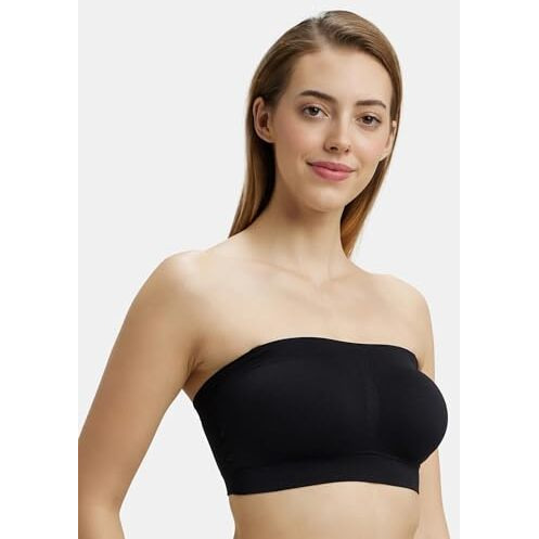 Jockey Women's Wirefree Seamless Padded Micro Touch Nylon Elastane Stretch Full Coverage Bandeau Bra with Removeable Pads & Detachable Transparent Strap_Style_1545_Black_M