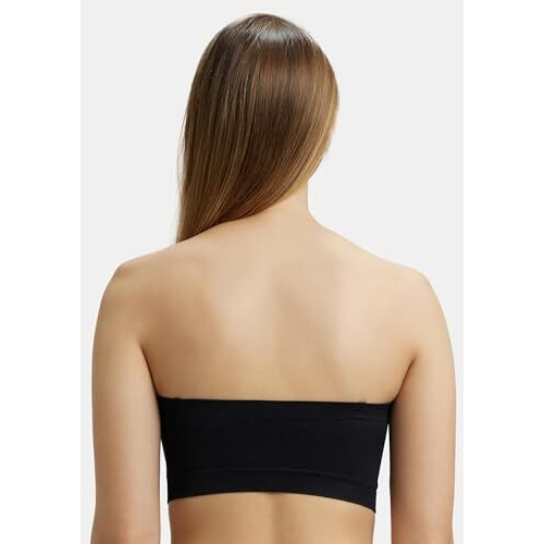 Jockey Women's Wirefree Seamless Padded Micro Touch Nylon Elastane Stretch Full Coverage Bandeau Bra with Removeable Pads & Detachable Transparent Strap_Style_1545_Black_M