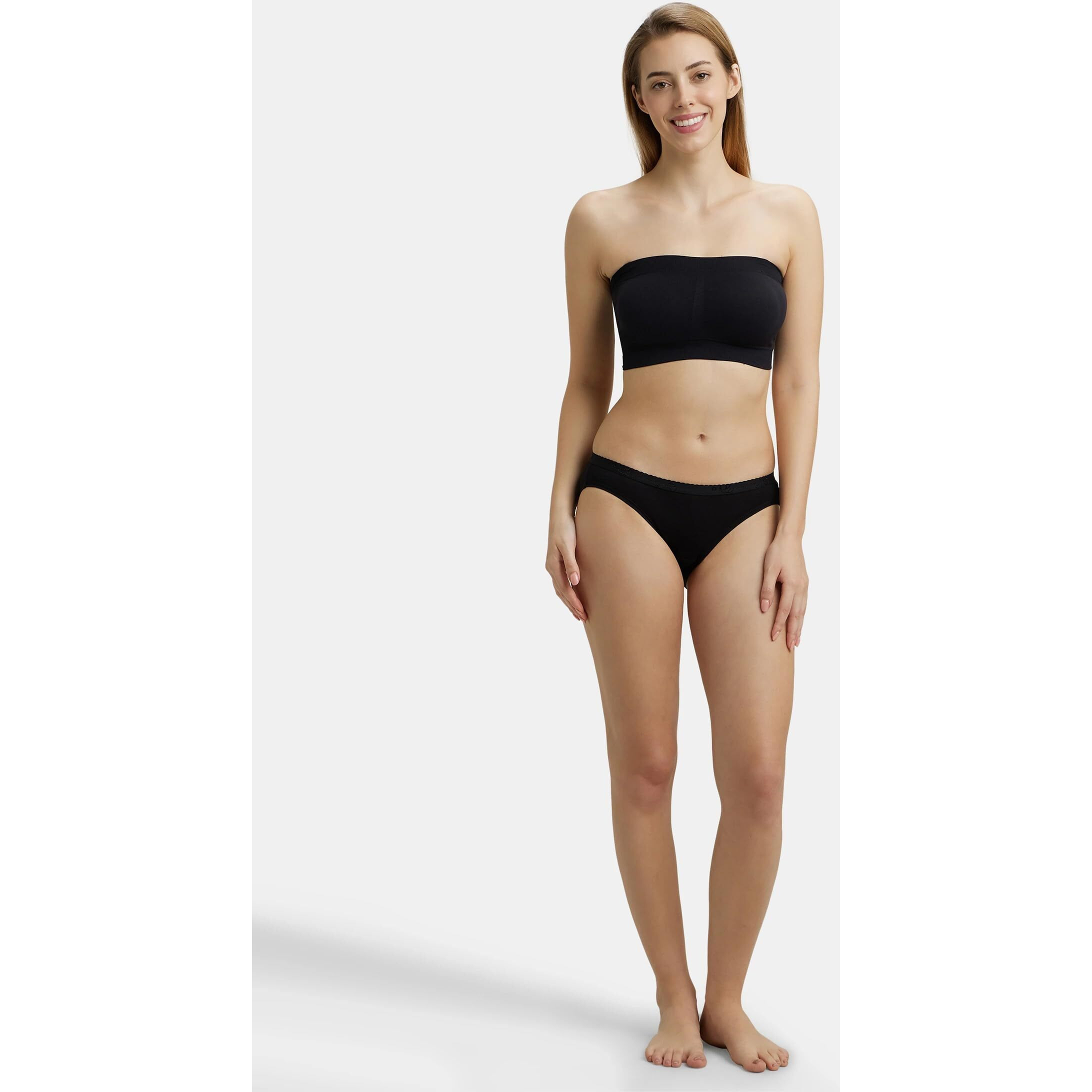 Jockey Women's Wirefree Seamless Padded Micro Touch Nylon Elastane Stretch Full Coverage Bandeau Bra with Removeable Pads & Detachable Transparent Strap_Style_1545_Black_S