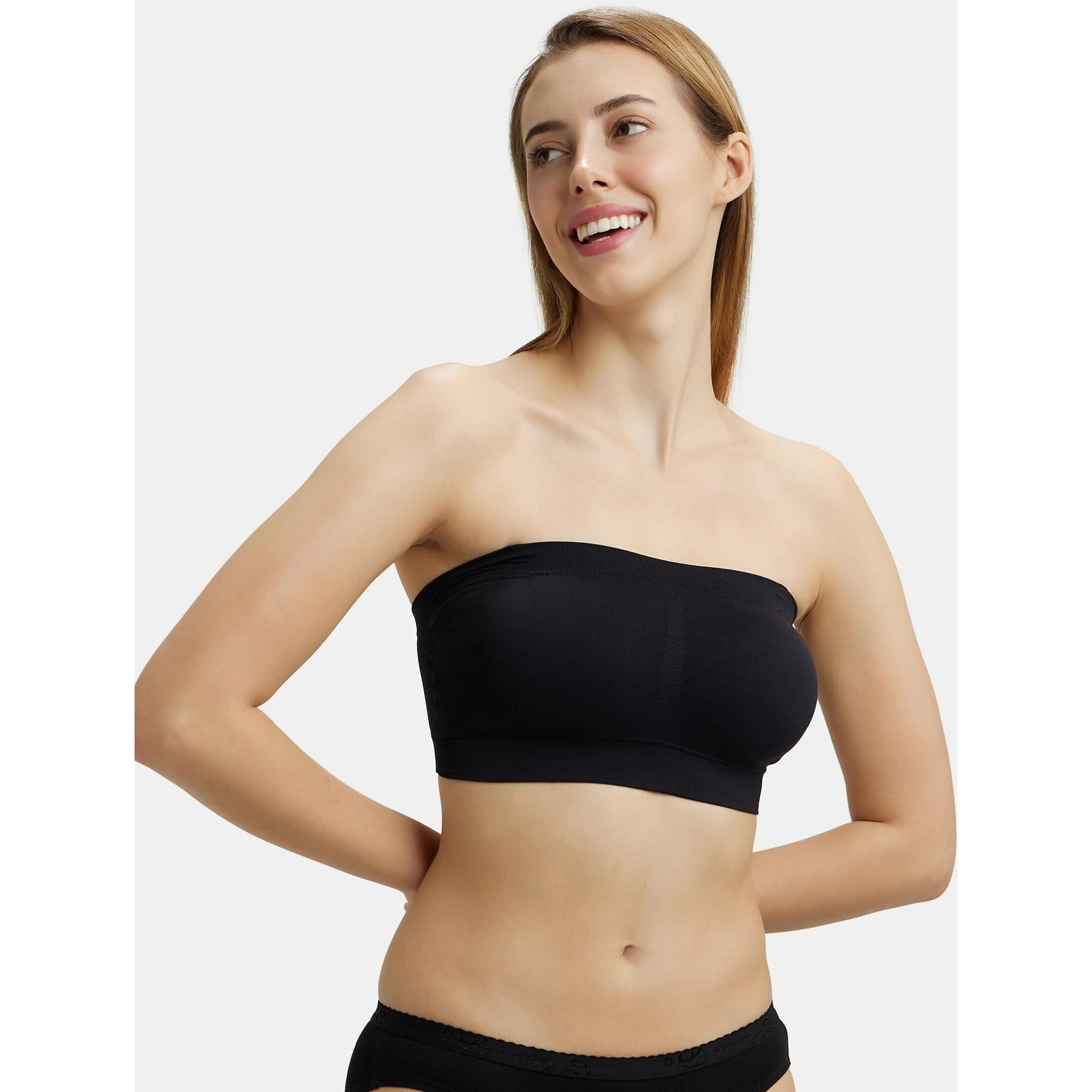 Jockey Women's Wirefree Seamless Padded Micro Touch Nylon Elastane Stretch Full Coverage Bandeau Bra with Removeable Pads & Detachable Transparent Strap_Style_1545_Black_S