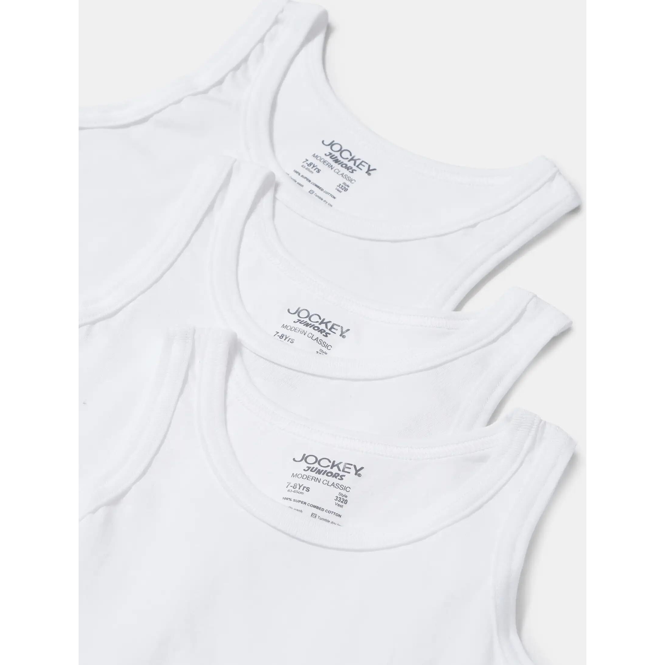 Jockey Unisex 3320 Boy's Super Combed Cotton Round Neck Sleeveless Regular Fit Vest (Pack of 3)_White_7-8 Yrs