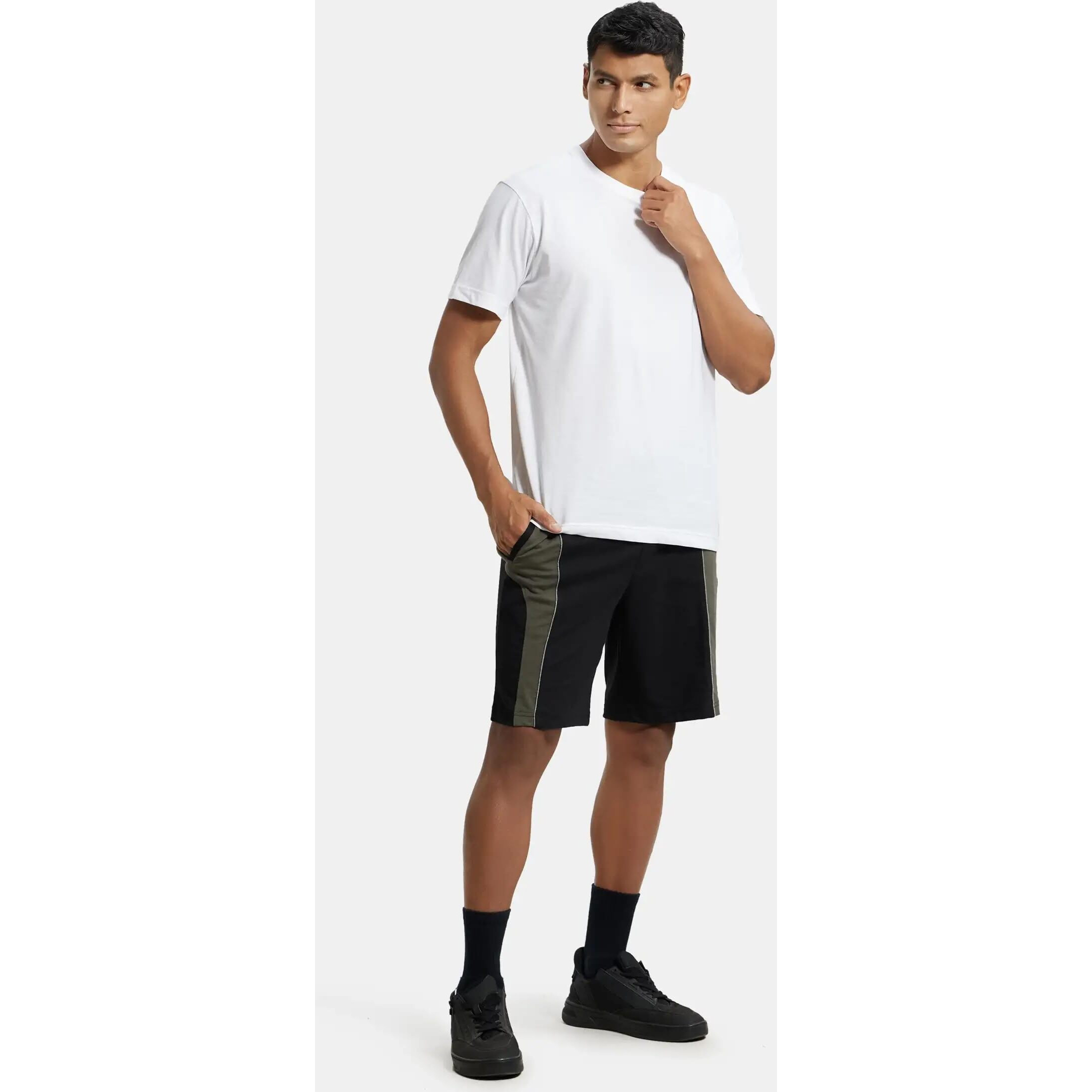Jockey Men's Super Combed Cotton Rich Straight Fit Shorts with Concealed Waistband & Drawstring Closure_Style_9411_Black & Deep Olive_L
