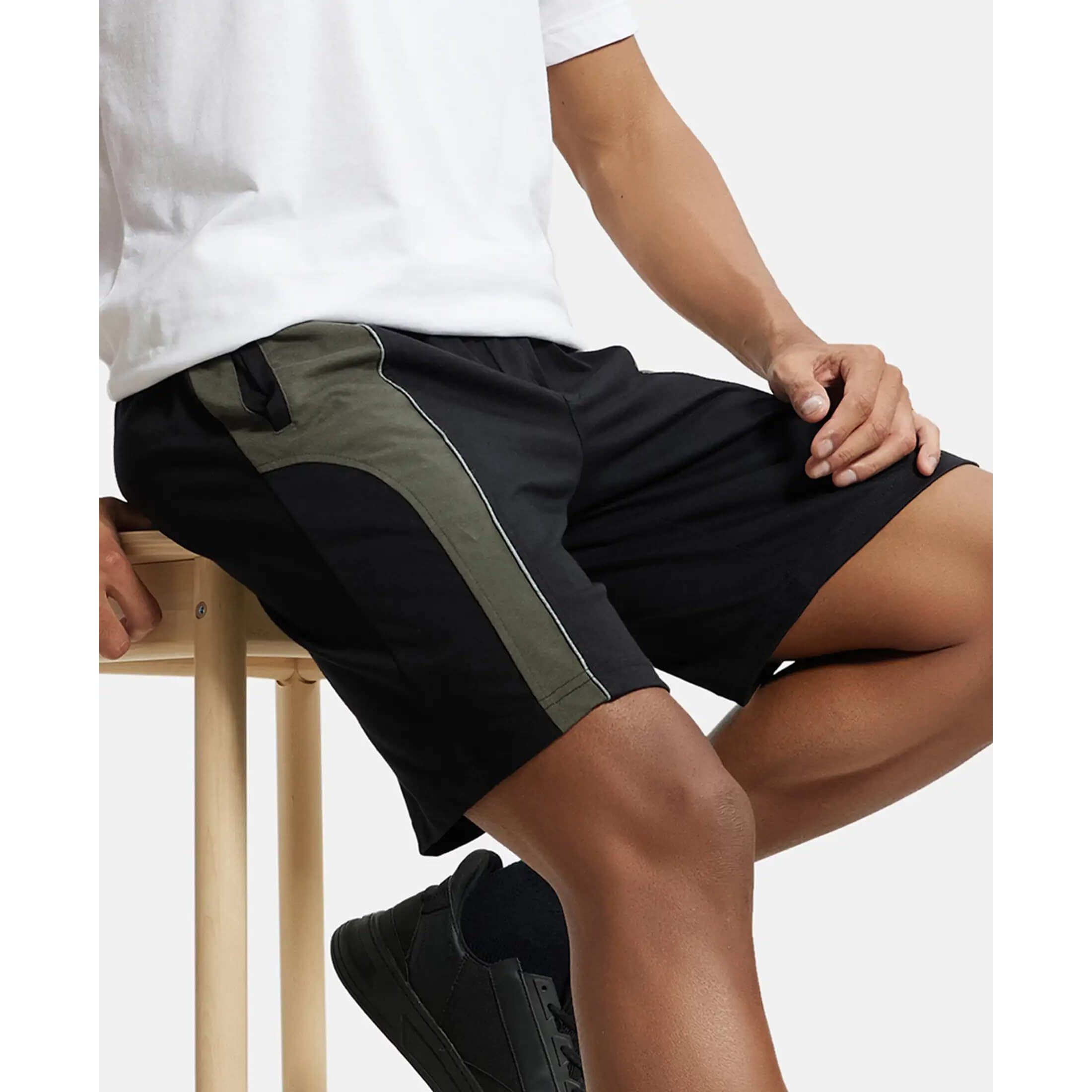 Jockey Men's Super Combed Cotton Rich Straight Fit Shorts with Concealed Waistband & Drawstring Closure_Style_9411_Black & Deep Olive_L