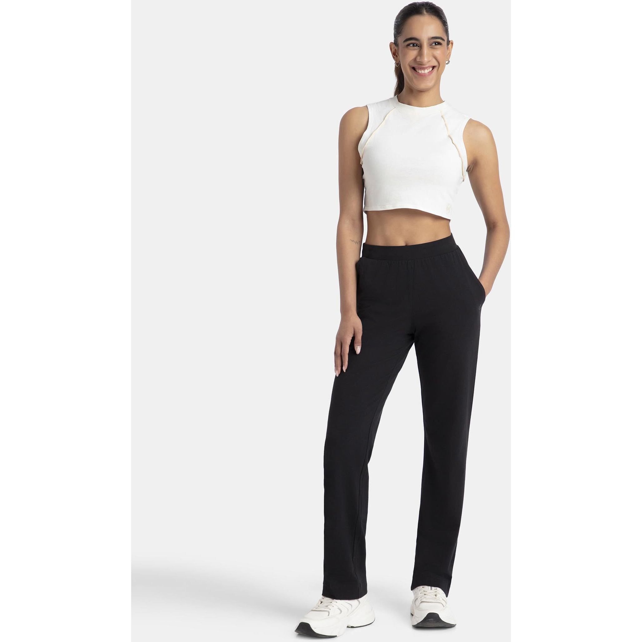 Jockey Women's Super Combed Cotton Elastane Stretch Relaxed Fit Trackpants with Side Pockets_Black_M