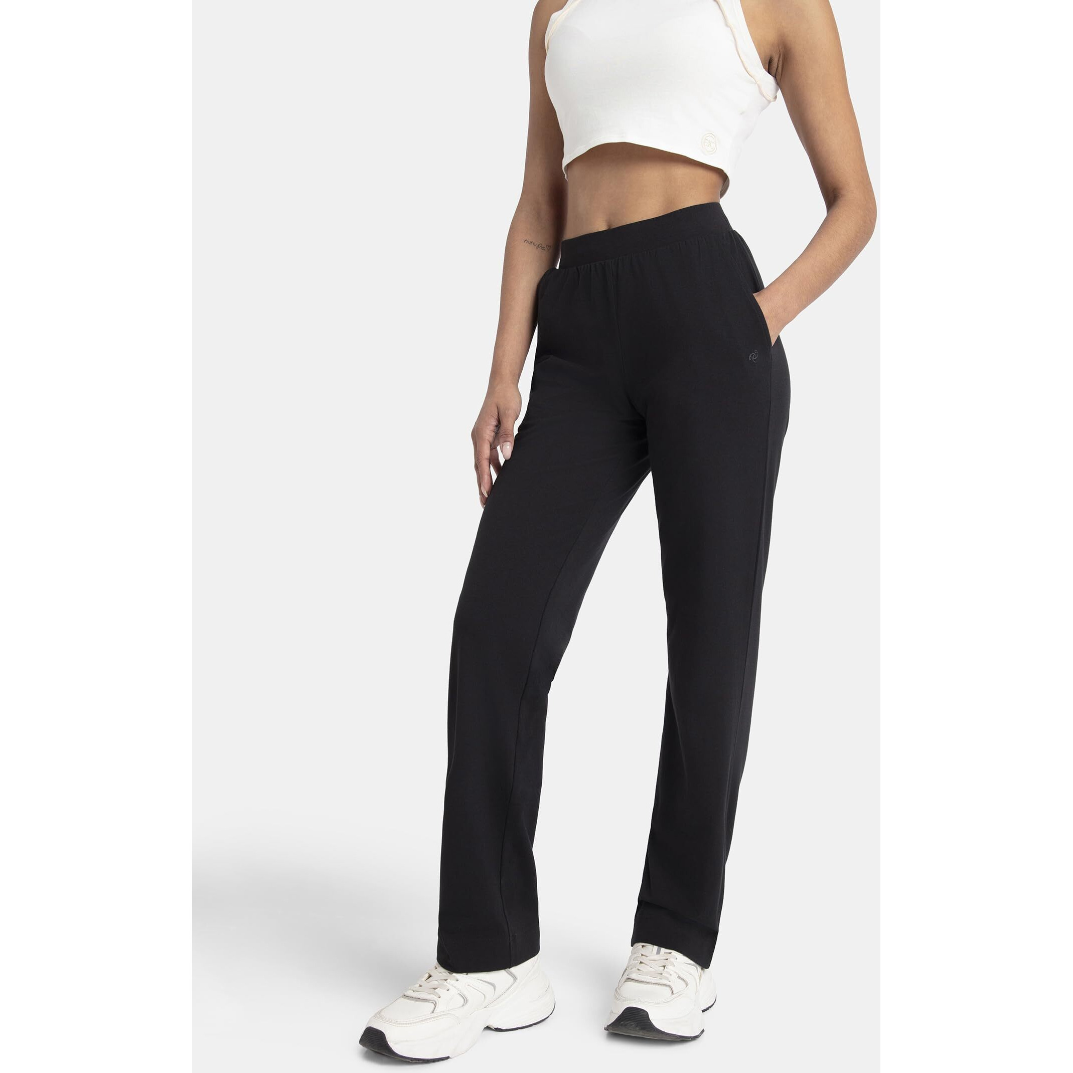 Jockey Women's Super Combed Cotton Elastane Stretch Relaxed Fit Trackpants with Side Pockets_Black_M