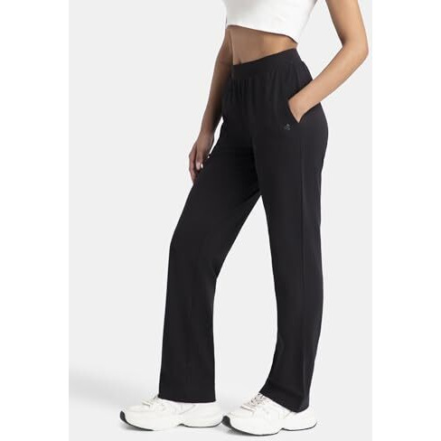 Jockey 1302 Women's Super Combed Cotton Elastane Stretch Relaxed Fit Trackpants with Side Pockets_Black_XL