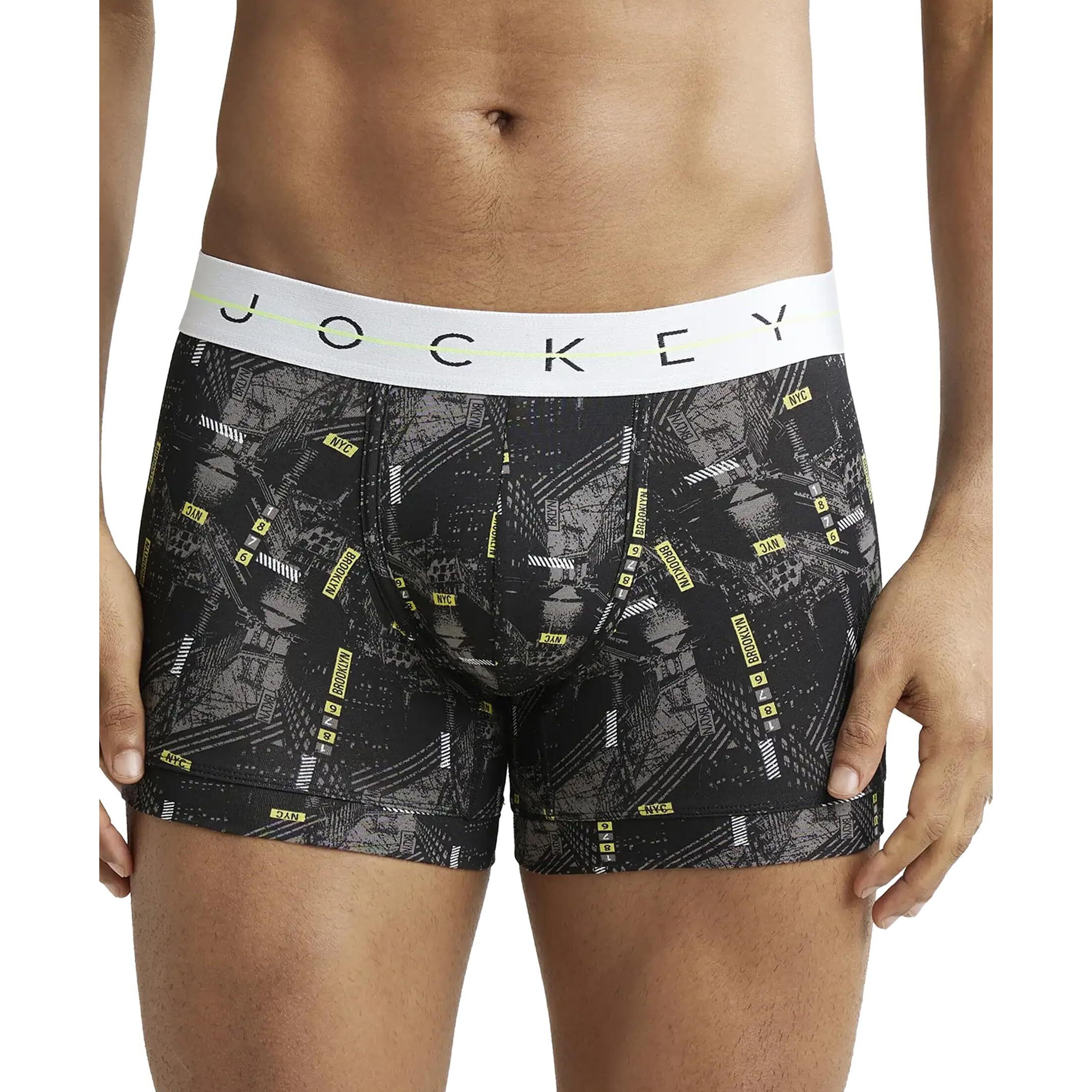 Jockey Men's Super Combed Cotton Elastane Stretch Printed Trunks with Ultrasoft Waistband_NY02_Black_L