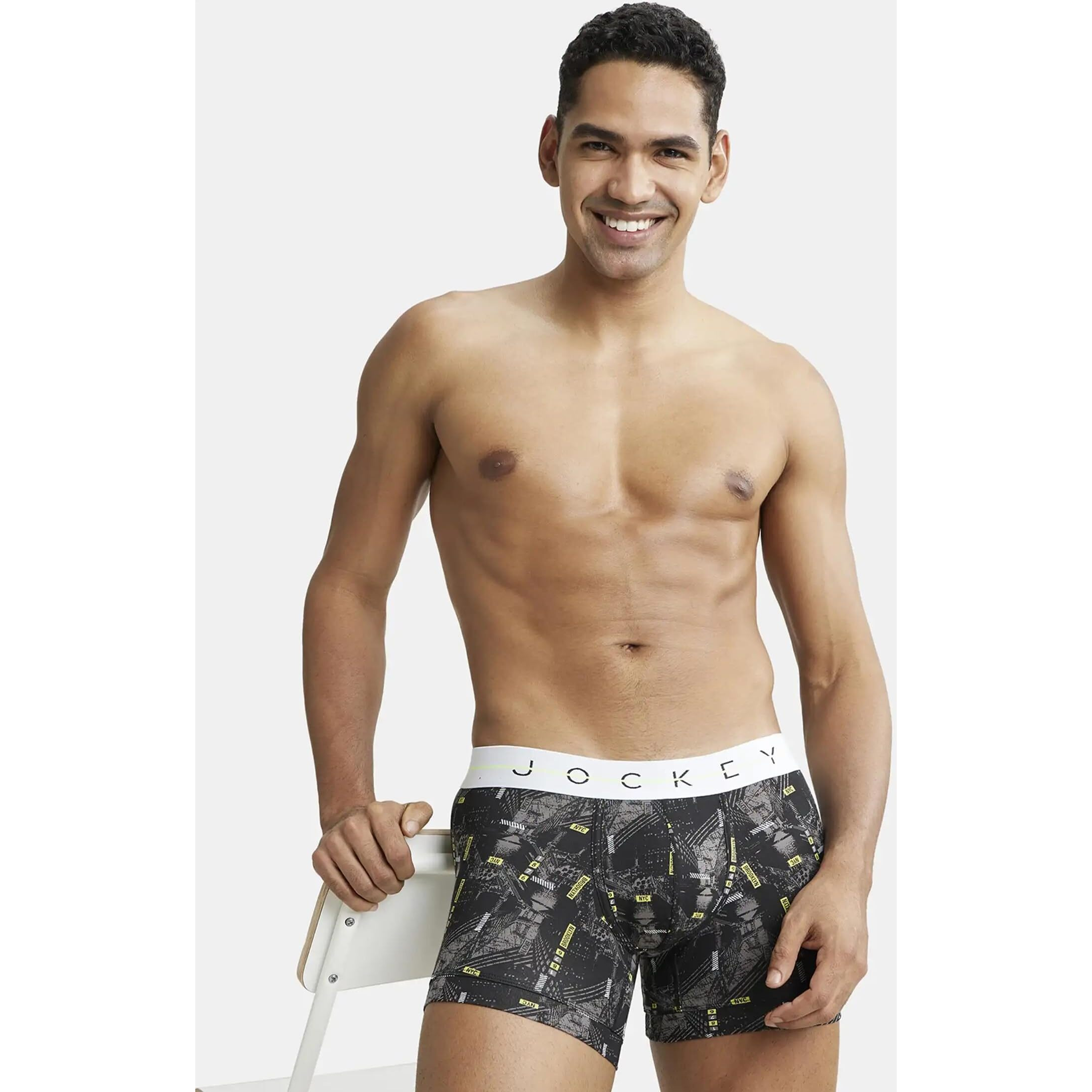 Jockey Men's Super Combed Cotton Elastane Stretch Printed Trunks with Ultrasoft Waistband_NY02_Black_L