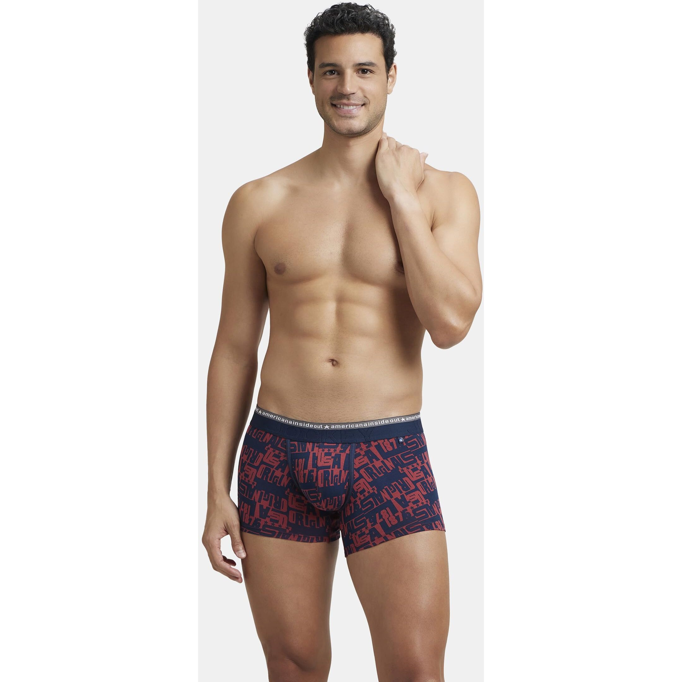 Jockey Men's Super Combed Cotton Elastane Stretch Printed Trunks with Ultrasoft and Durable Waistband_US63_Brick Red_M