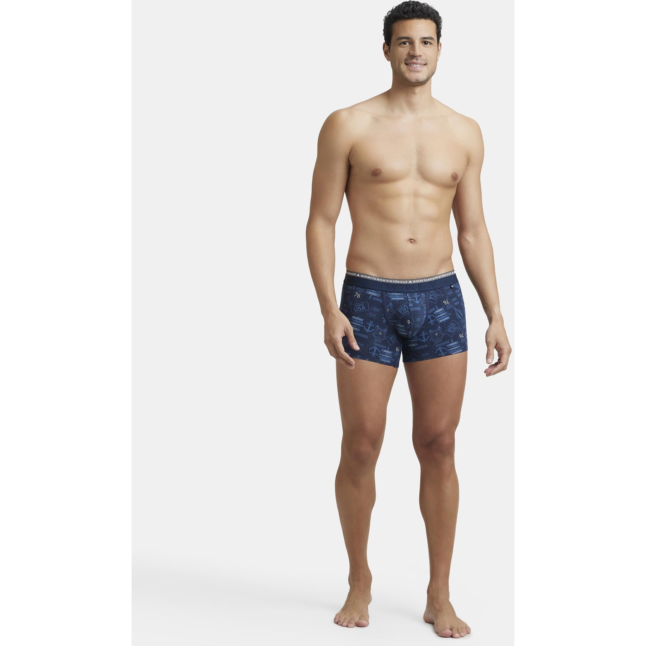 Jockey Men's Super Combed Cotton Elastane Stretch Printed Trunks with Ultrasoft and Durable Waistband_US63_Navy_L